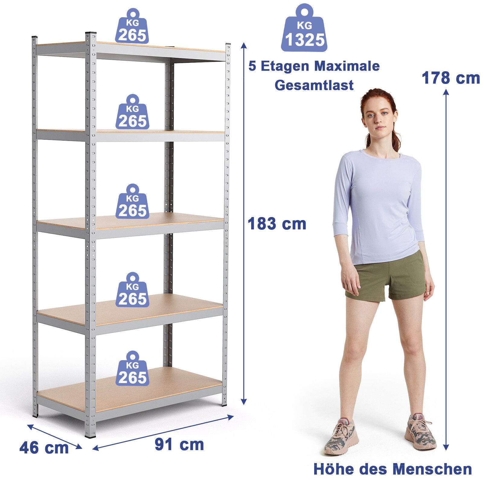 COSTWAY Schwerlastregal, 5 Ebenen, bis 175kg pro Ebenen, 180,5x90x40,5cm