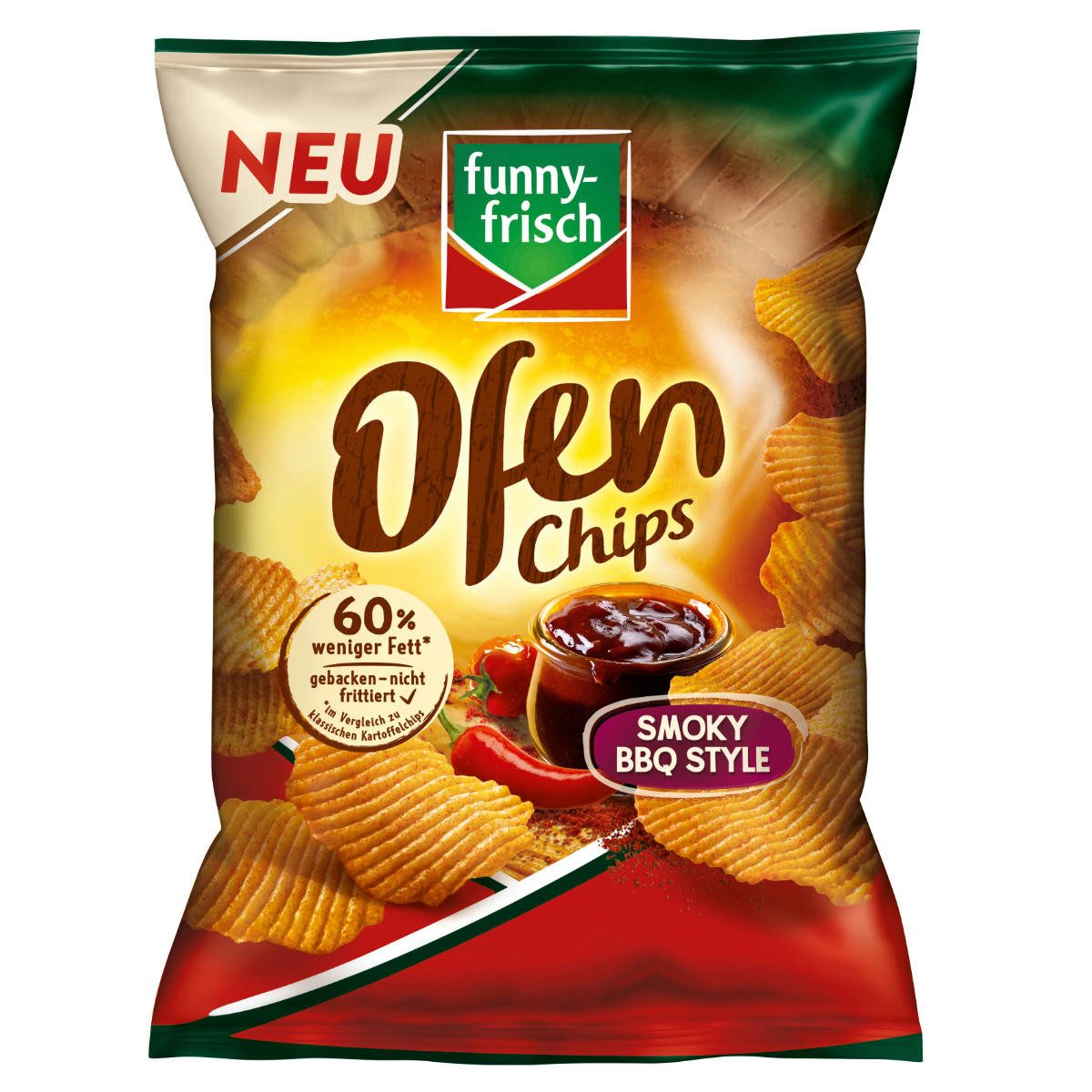 funny-frisch Knabberei, funny frisch Ofen Chips Smoky BBQ geriffelter Kartoffelsnack 125g