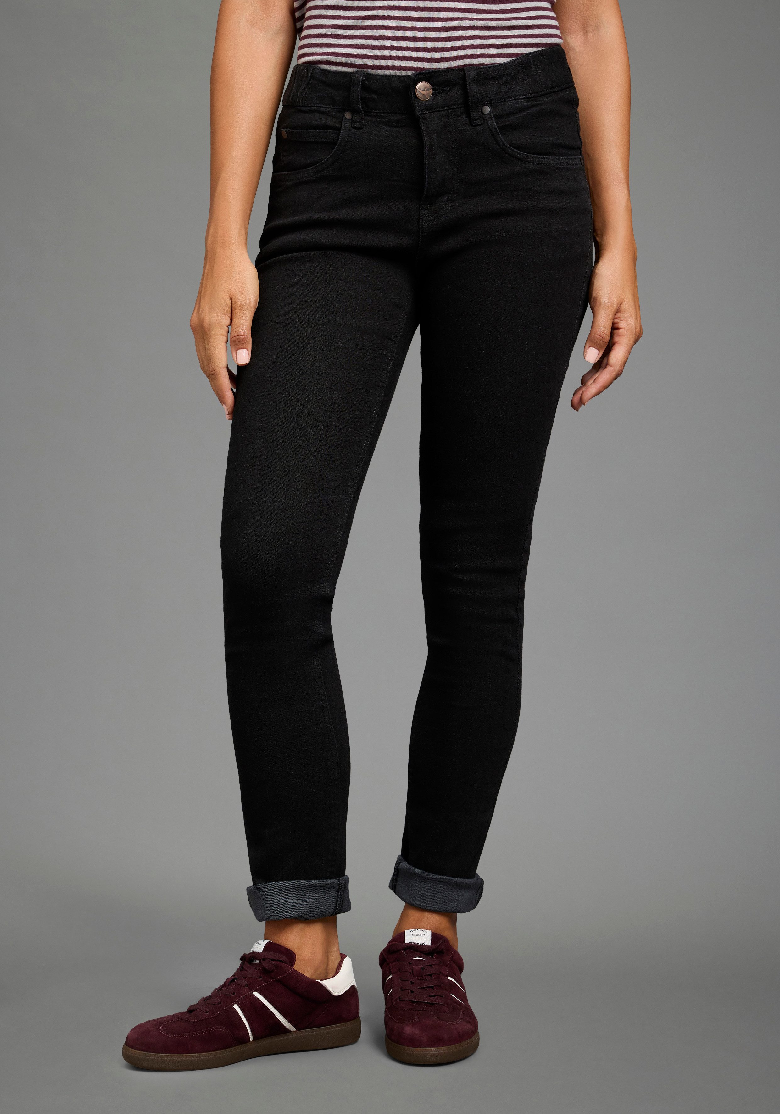 Arizona Slim-fit-Jeans Bund mit seitlichem Gummizugeinsatz schmale Passform, Röhrenjeans, Used-Waschung, hohe Leibhöhe