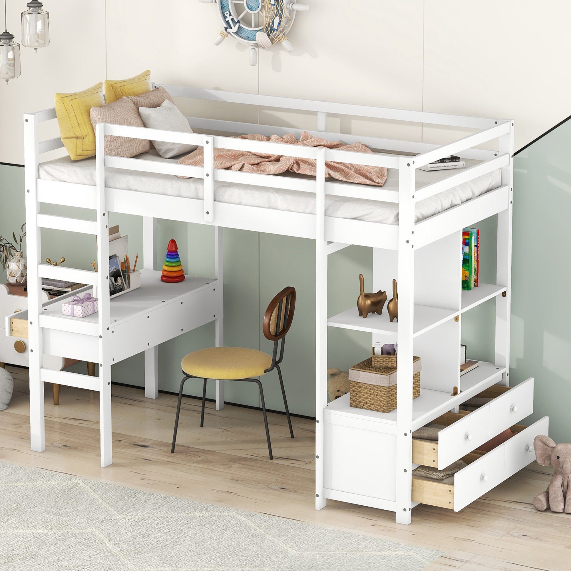 Ulife Hochbett Kinderhochbett mit Stauraumschubladen und Unterbettschreibtisch 90 × 200 cm Weiß | Weiß