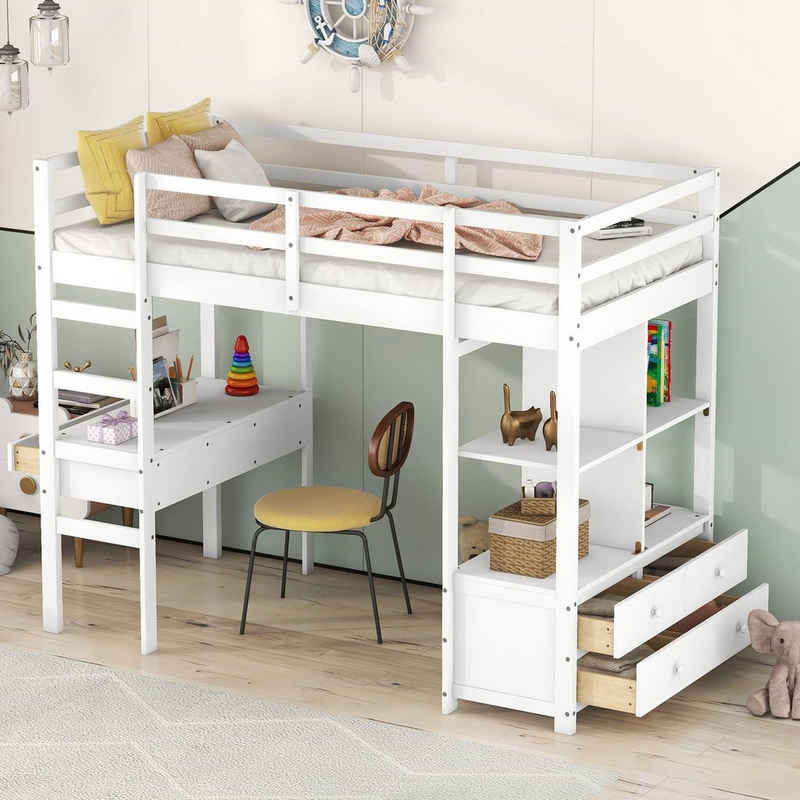 Ulife Hochbett Kinderhochbett mit Stauraumschubladen und Unterbettschreibtisch 90 × 200 cm