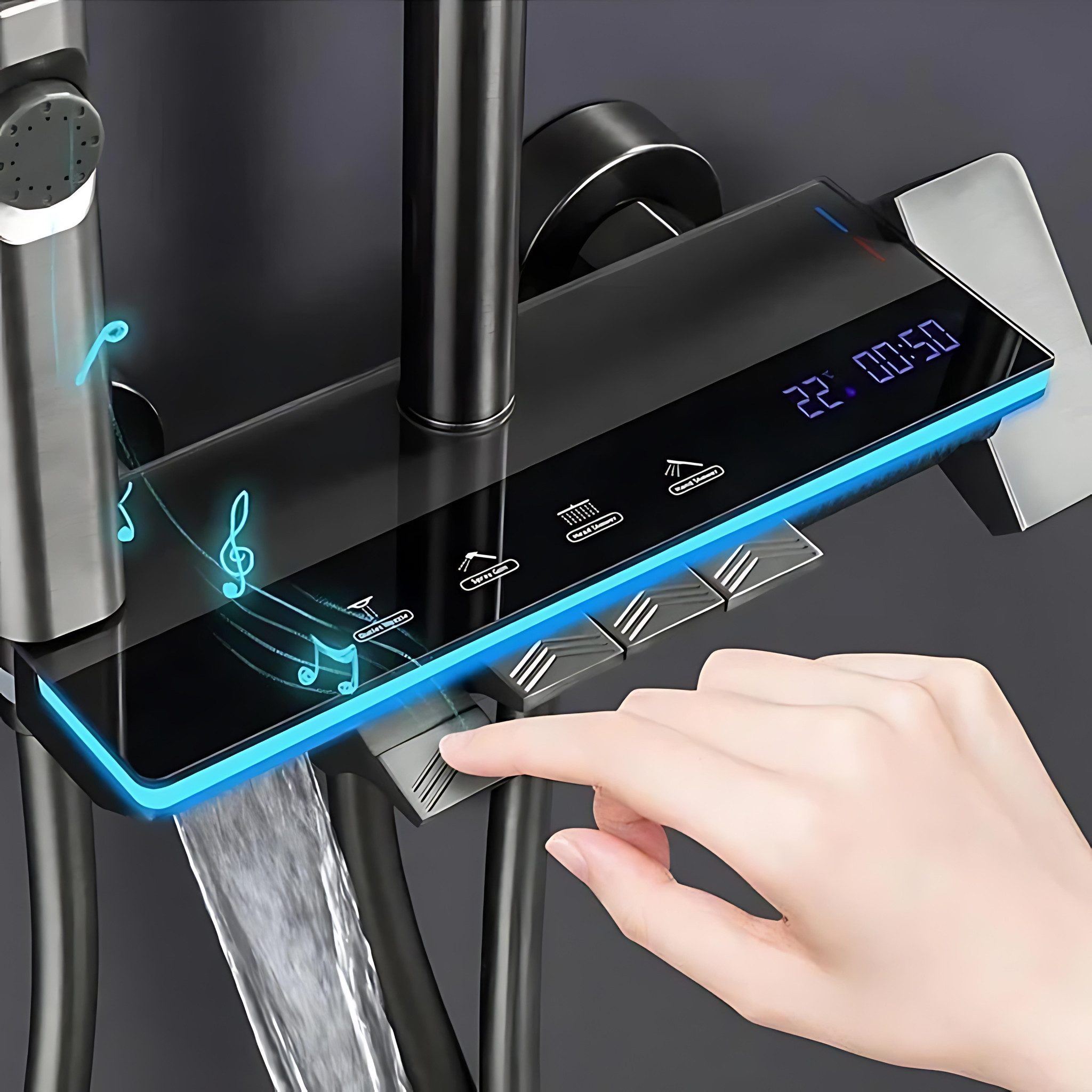 LuxaSteel Duscharmatur Duschsystem Regendusche mit Thermostat, Temperaturanzeige, LED Dusche (Komplettset, Komplettset) Mit Wasserfallfunktion, Regendusche mit digitaler Anzeige