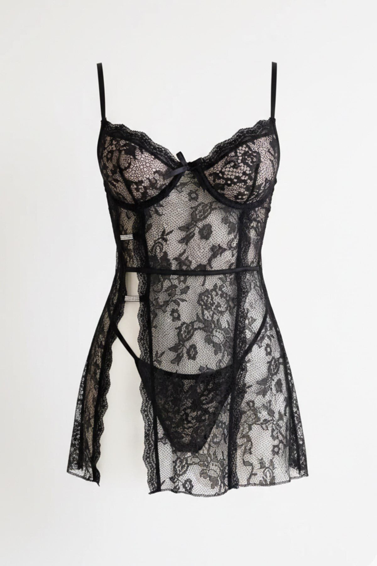 C&CITY Nachthemd Glänzendes Detail Schwarzes Babydoll