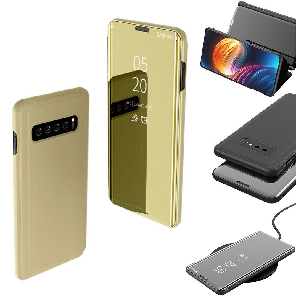 Wigento Handyhülle Für Samsung Galaxy S10 Lite / S10E G970F 5.8 Zoll Clear  View Spiegel Smart Cover Gold Tasche Hülle Case Wake UP