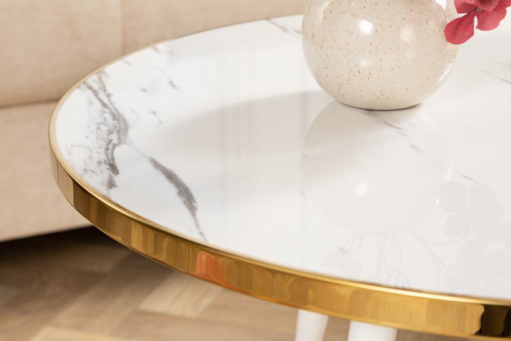 Acrylglas · weiß | 1-St), Couchtisch (Einzelartikel, rund PARIS · Marmor-Design gold · Metall-Beine Wohnzimmer Ø60cm weiß weiß · / riess-ambiente weiß |