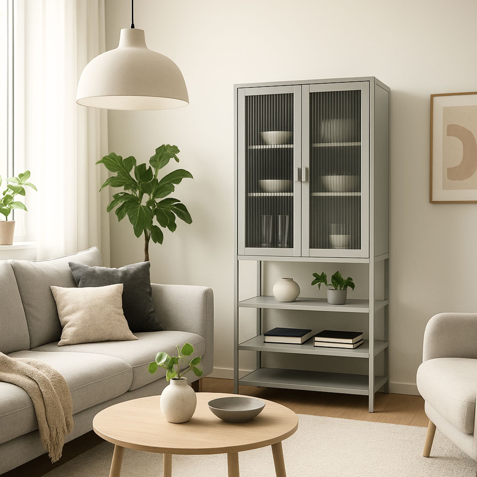 osoltus Sideboard osoltus Vitrine Schrank Riffelglas Stahl Warm Grey Indust günstig online kaufen