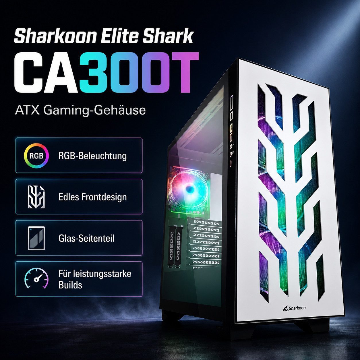 Sharkoon PC-Gehäuse ELITE SHARK Gaming PC Gehäuse Computer Tower CA300T ATX RGB, Computergehäuse Micro PC Computer Tower Tempered Glass USB-C