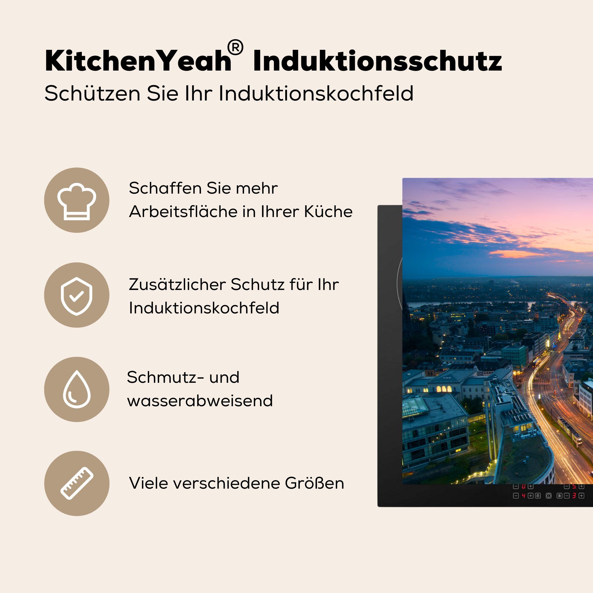 MuchoWow Herdblende-/Abdeckplatte Sonnenaufgang Ceranfeldabdeckung Induktionskochfeld Vinyl, Bonn, (1 der Stadt tlg), für deutschen Schutz cm, in küche, die 81x52