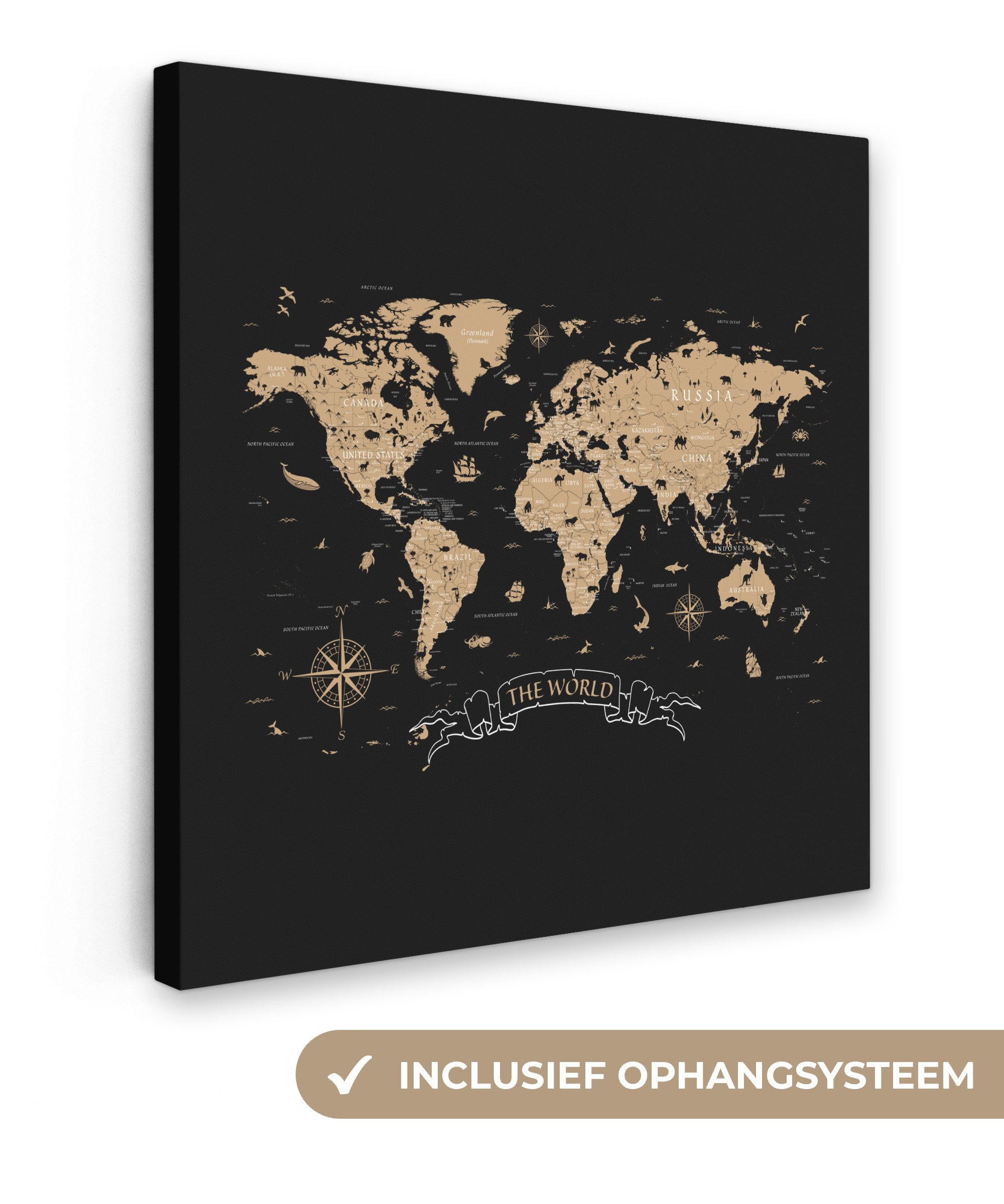 OneMillionCanvasses® Leinwandbild Weltkarte - Beige - Schwarz, Fotodruck (1 St), Wandbild, Deko Schlafzimmer Wohnzimmer Flur 20x20 cm