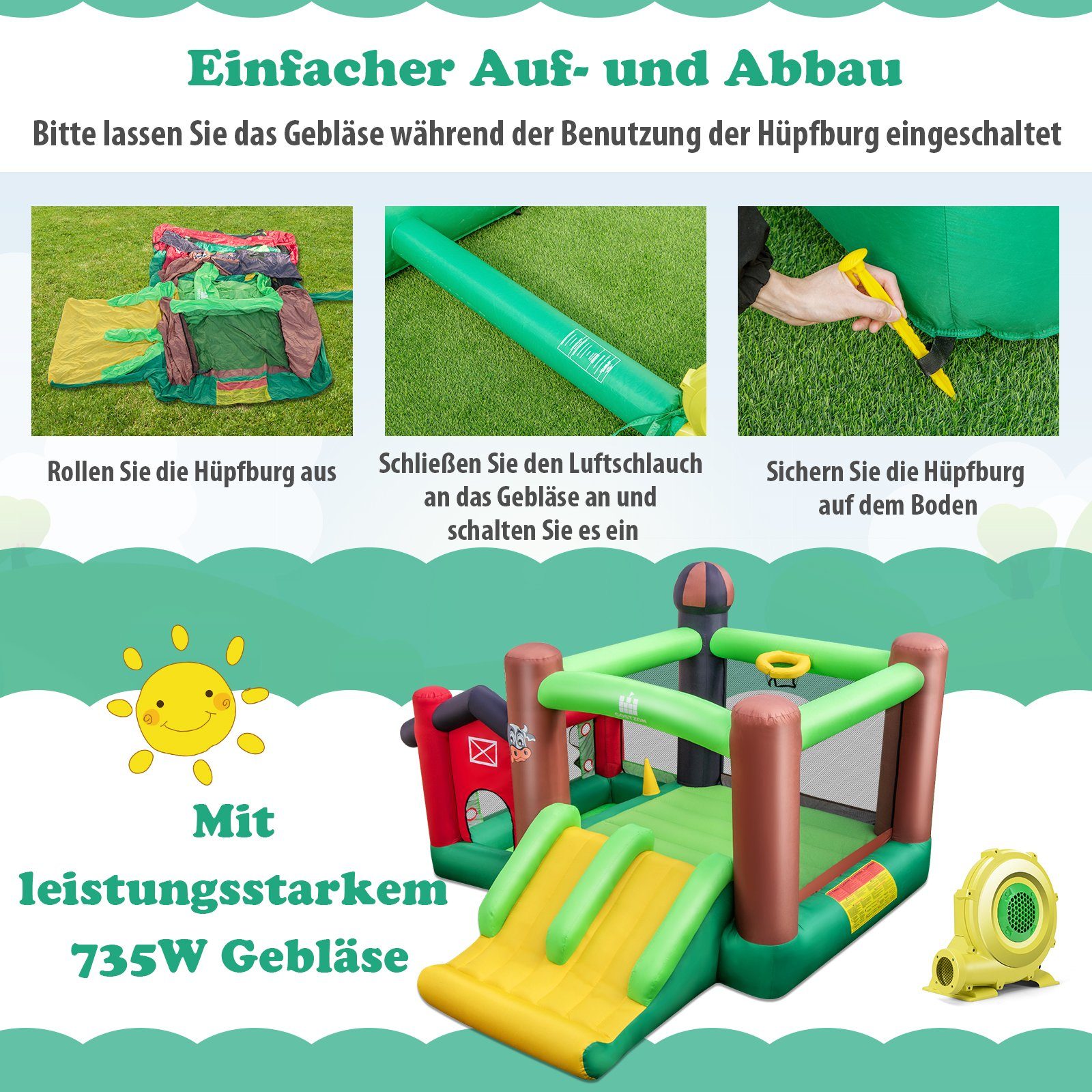 COSTWAY Hüpfburg, (2-tlg), mit Gebläse, Rutsche, Sprungbereich, Basketballkorb, Bällebad