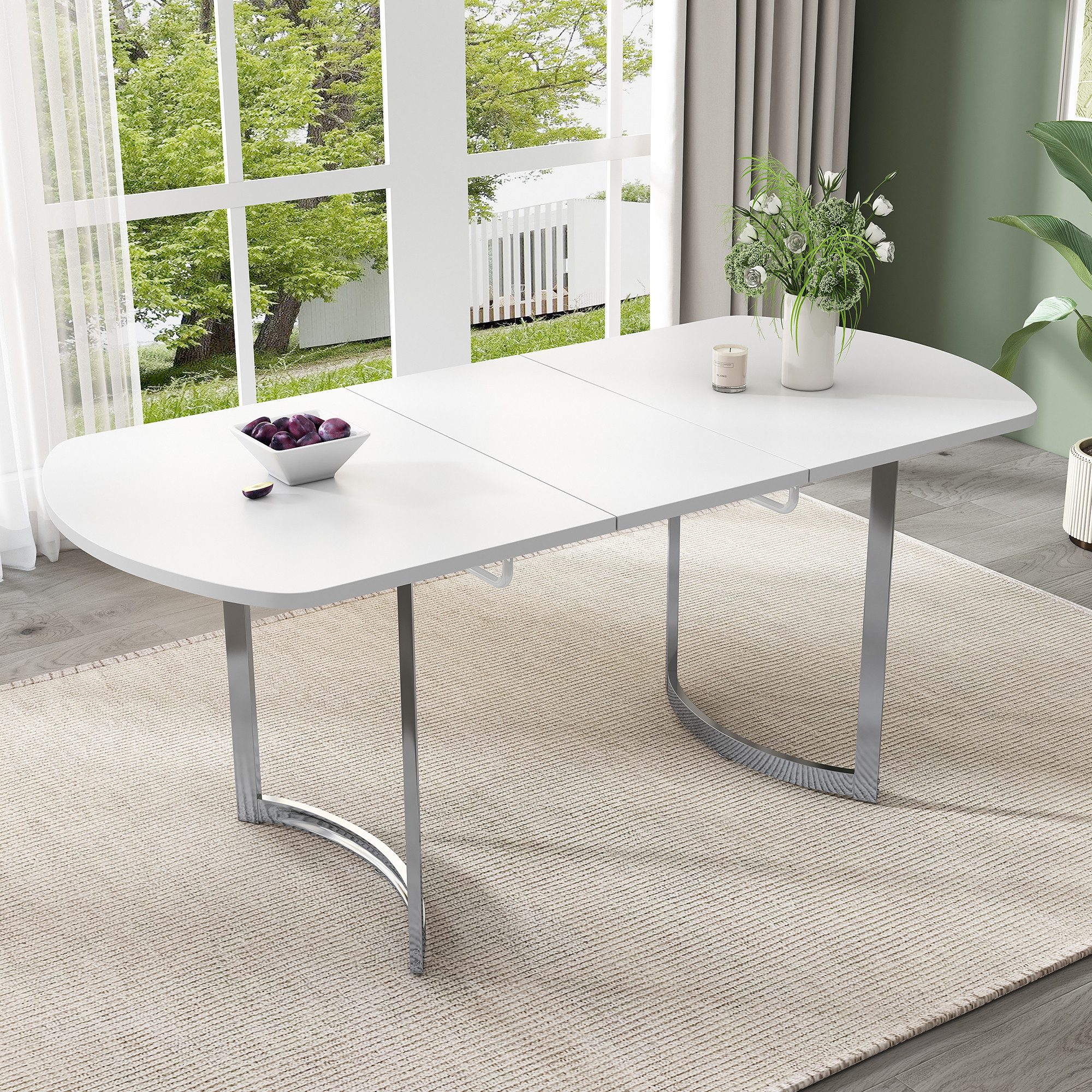Fine Life Pro Esstisch Ausziehbarer Esstisch 140/180 cm, 1 Tisch, Weiß/Silber, 4–6 Personen