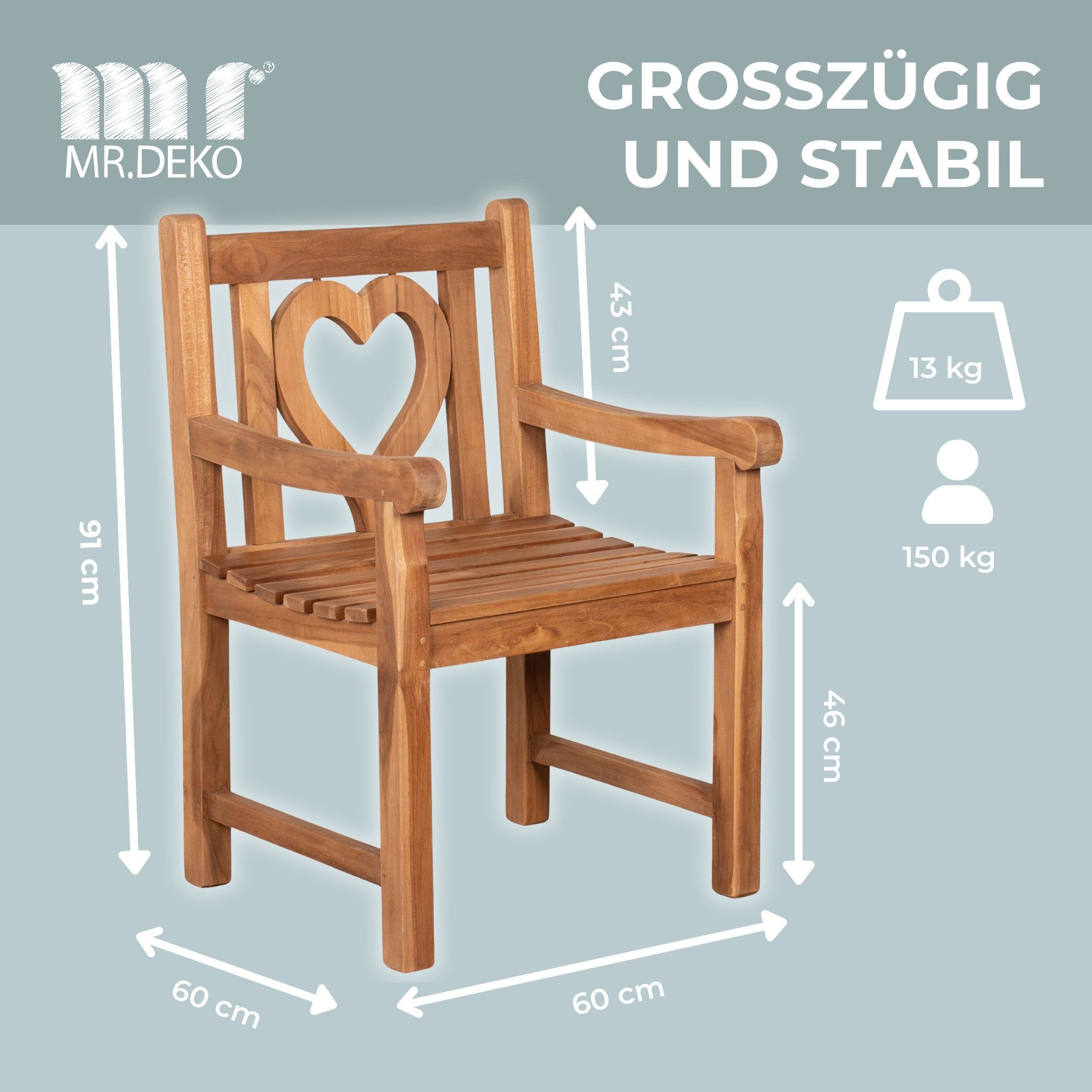 MR.DEKO Gartenstuhl Herz Gartensessel Teak-Holz, stabil und mit viel Liebe, Balkonstuhl (Garten und Ballkon Stuhl aus Teakholz, 1 St), Herz-Motiv in der Rückenlehne, wetterfest & stabil