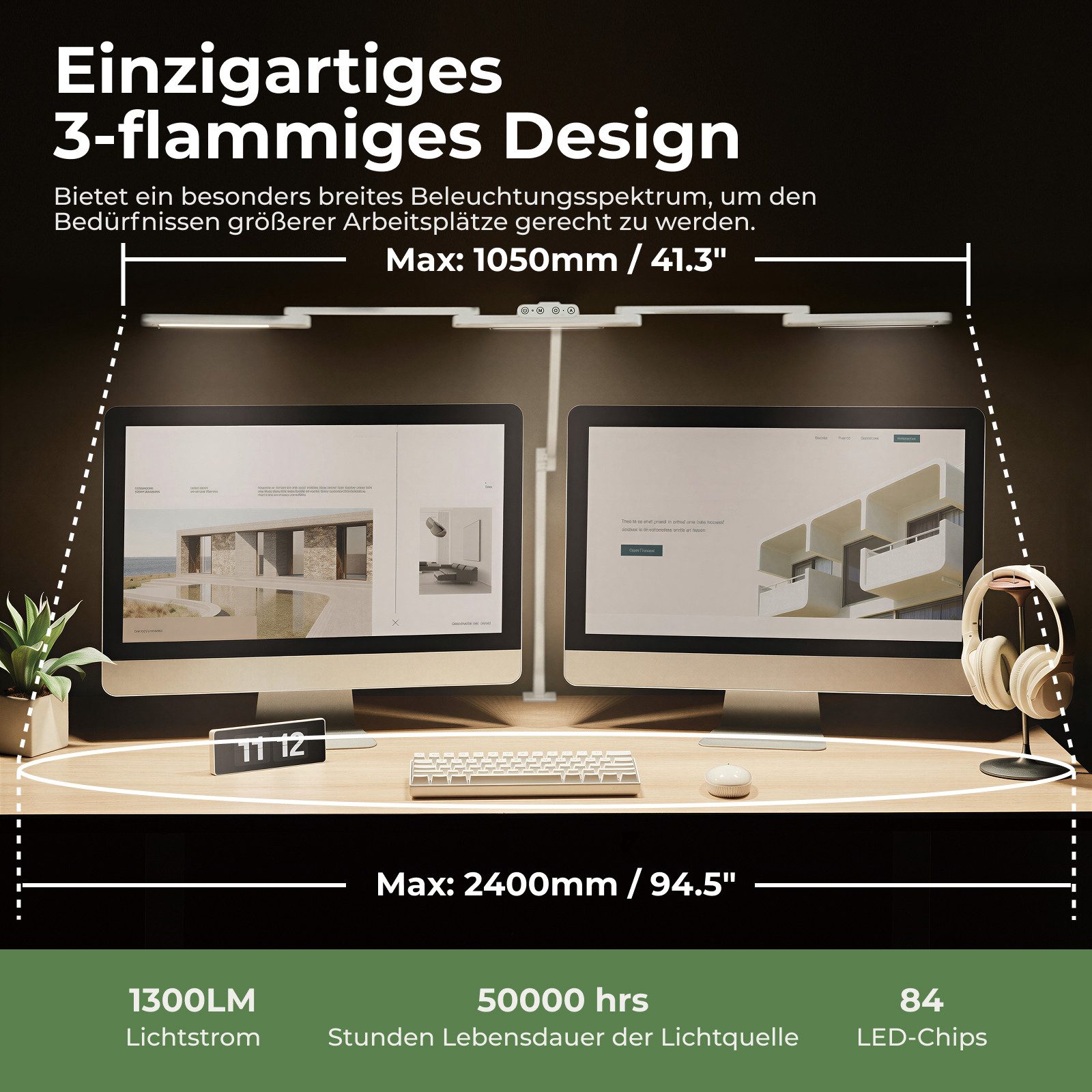 HOKO LED Schreibtischlampe mit Klemme, LED-Schreibtischlampe, LED-Schreibtischleuchte mit breitem Doppelkopf & Lichtsensor, 1300 lm, 5 Farbtemperaturen, stufenl – Bild 2 von 5