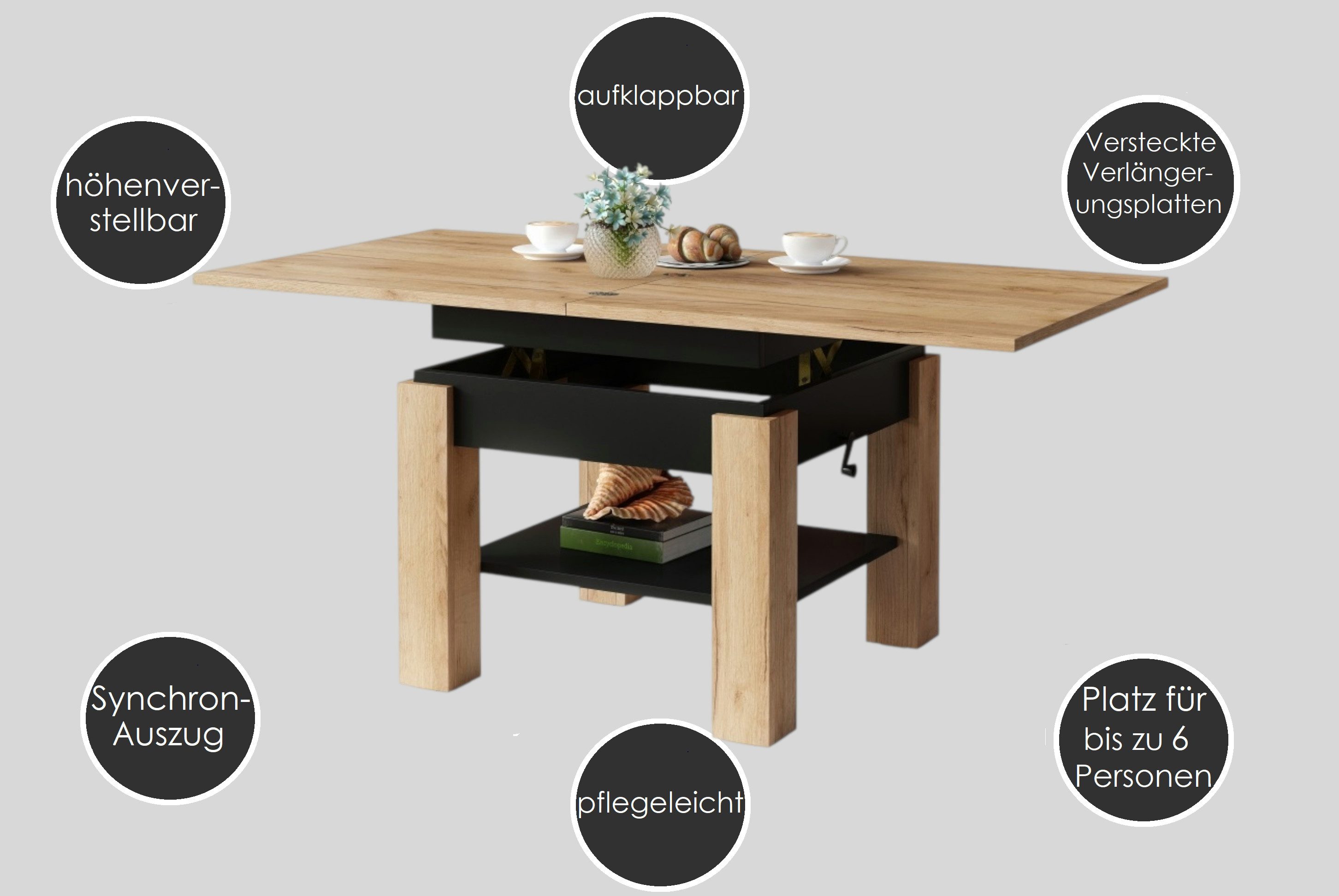 designimpex Couchtisch Design Couchtisch Cleo stufenlos höhenverstellbar aufklappbar Esstisch