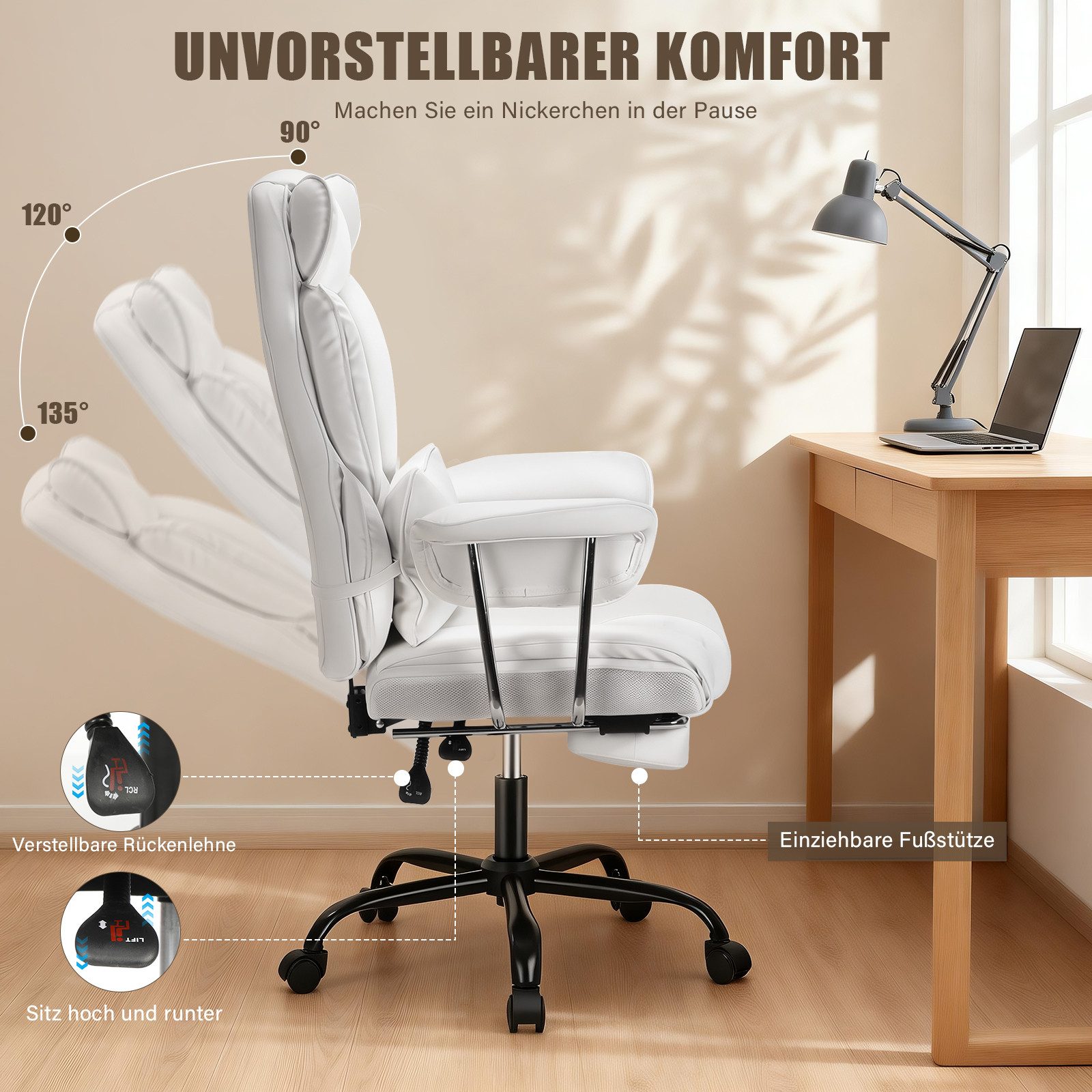 oyajia Chefsessel Ergonomischer Bürostuhl, Höhenverstellbar Schreibtischstuhl (Bürostuhl 200 kg mit Fußstütze und Lendenwirbelstütze), 135° neigbar, für Wohnzimmer, Büro