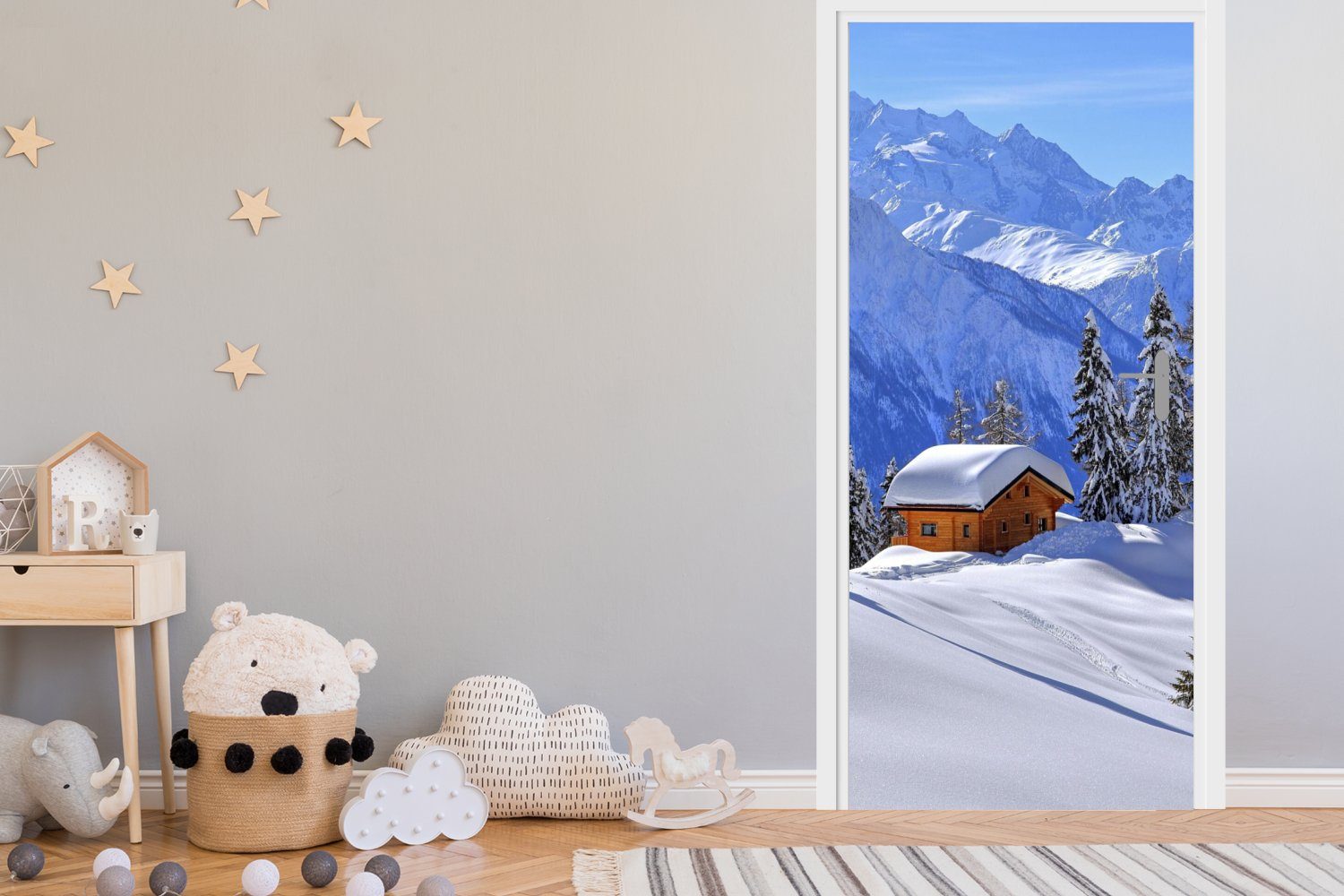Türaufkleber, Tür, Türtapete bedruckt, Hütte Matt, (1 MuchoWow für St), Schweiz, cm Fototapete in 75x205 der der Winterlandschaft