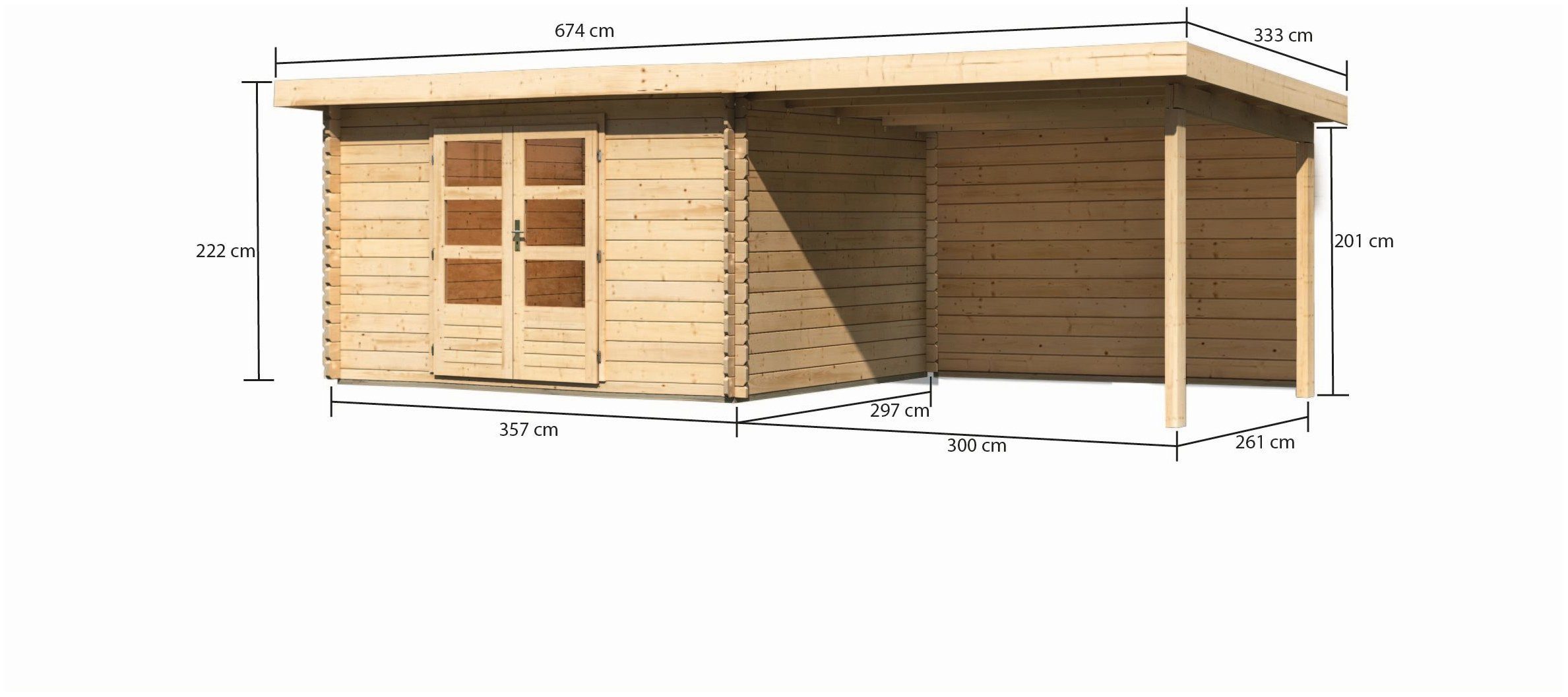 674x333 Anbaudach und Rückwand mit naturbelassen KONIFERA Boden, BxT: 7, Schloßsee cm, Gartenhaus