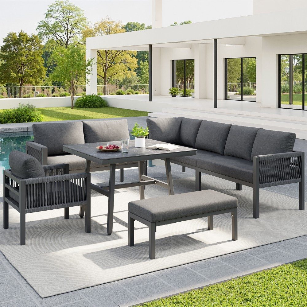 Ulife Gartenlounge-Set L-Garten-Sofa 8 Pers., mit Tisch & Sesseln, Marmor-Glas, wetterfest, (Sessel-Sofa*3 Ecksofa*1 Einzelsofa*1 Tisch*1), grau