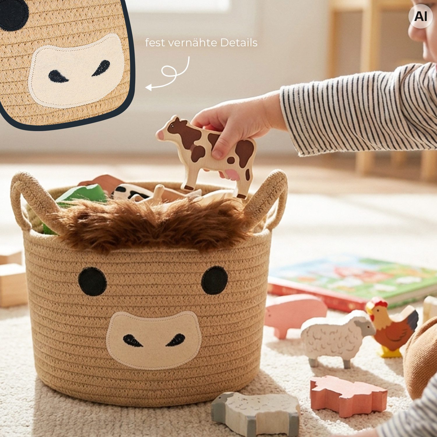 HMF Aufbewahrungskorb Aufbewahrungskorb mit verlängerten Griffen, runder Korb, für Kinderzimmer oder Babyzimmer, Highlander Kuh, 30 x 24 cm, Braun – Bild 4 von 5