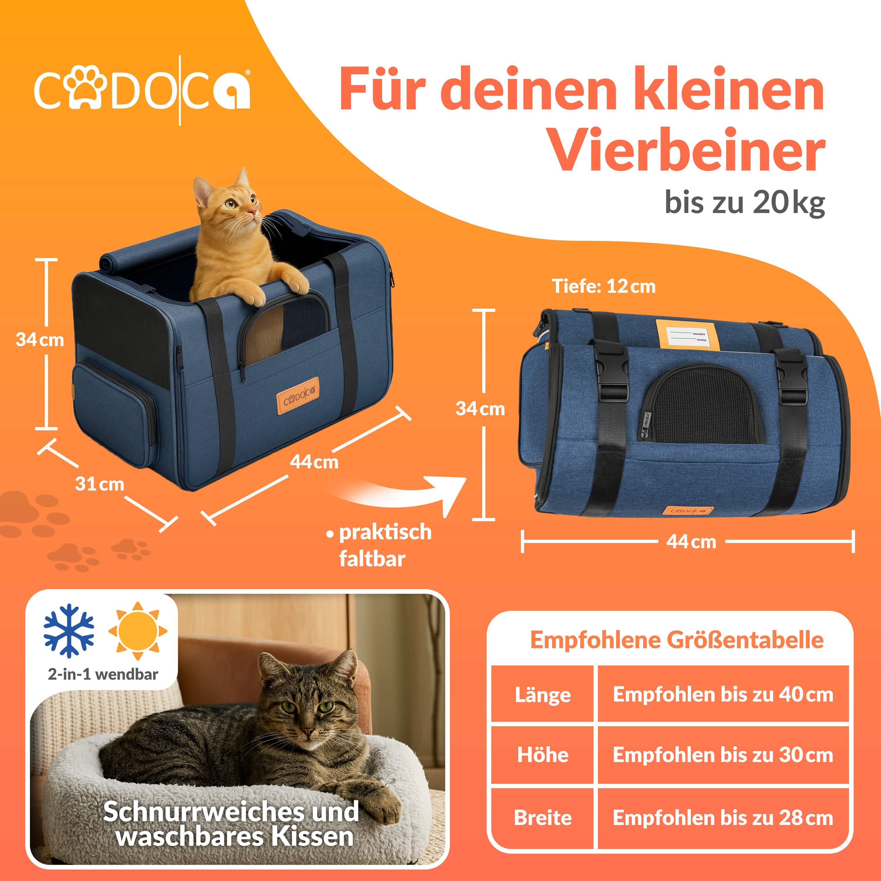 Cadoca Tiertransportbox, Tiertransporttasche faltbar Box Transporttasche Hund Katze blau