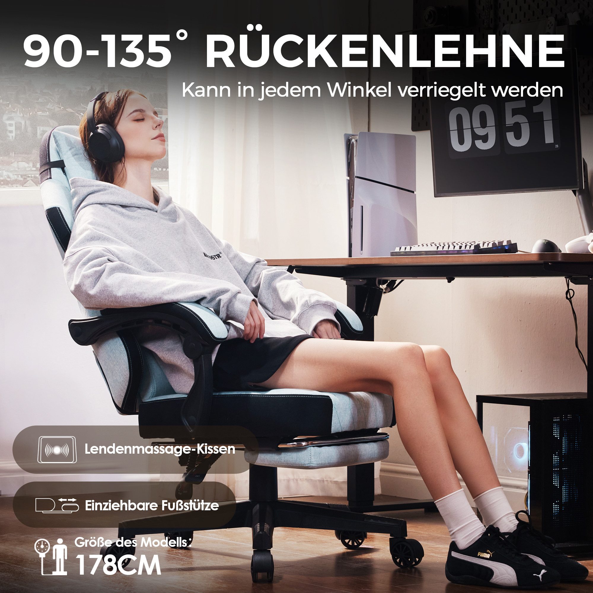 Dowinx Gaming-Stuhl Lendenwirbelstütze Bürostuhl mit Fußstütze für Erwachsene (Packung), Ergonomischer Gaming Sessel Groß und Hoch für Office Gaming 135KG – Bild 4 von 5