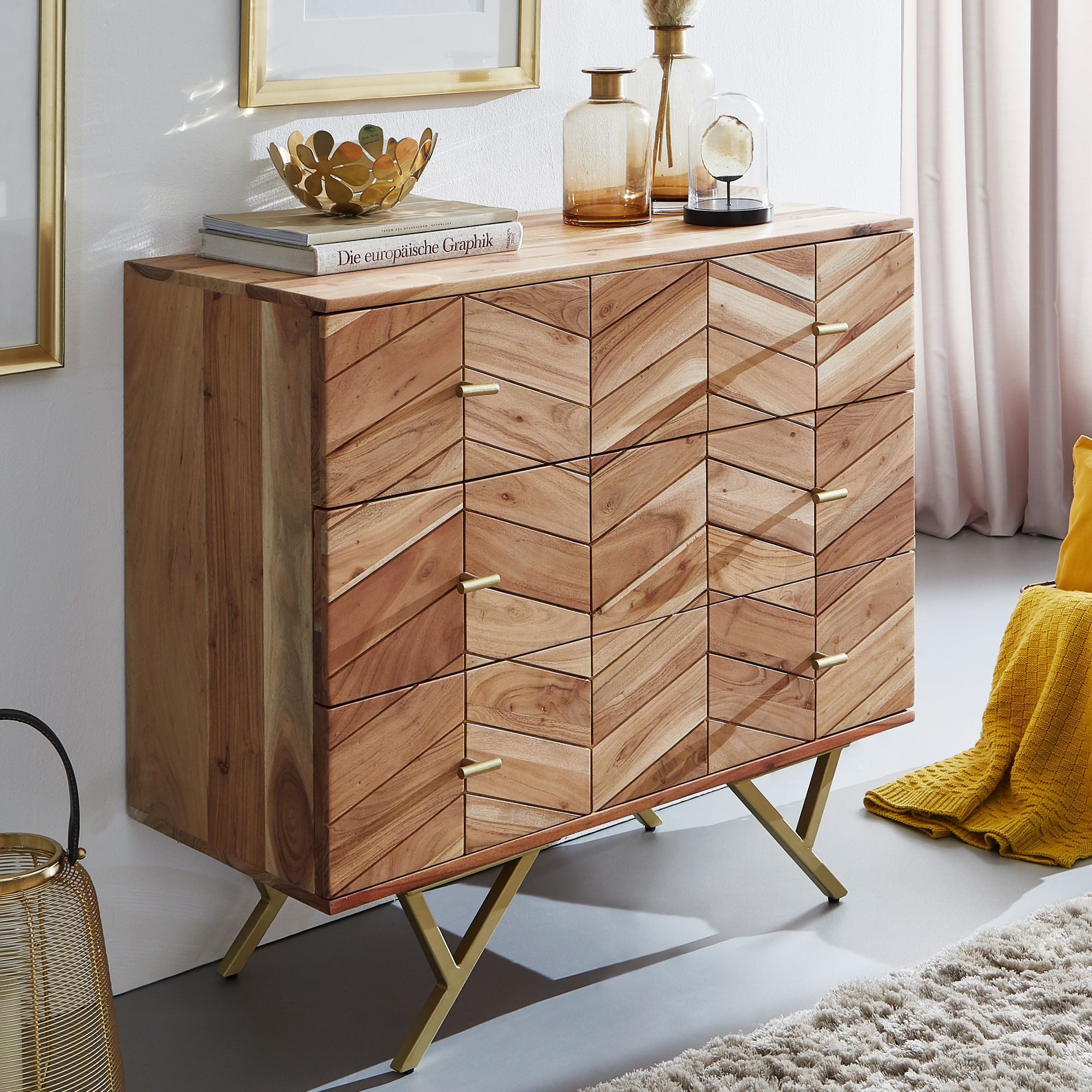 FINEBUY Sideboard FB60960 Massivholz Schubladenkommode 90cm Akazie Kommode (Hoher Kommodenschrank, Kommode 3 Schubladen), Akazie Massivholz / Metall Anrichte, 90x86 cm