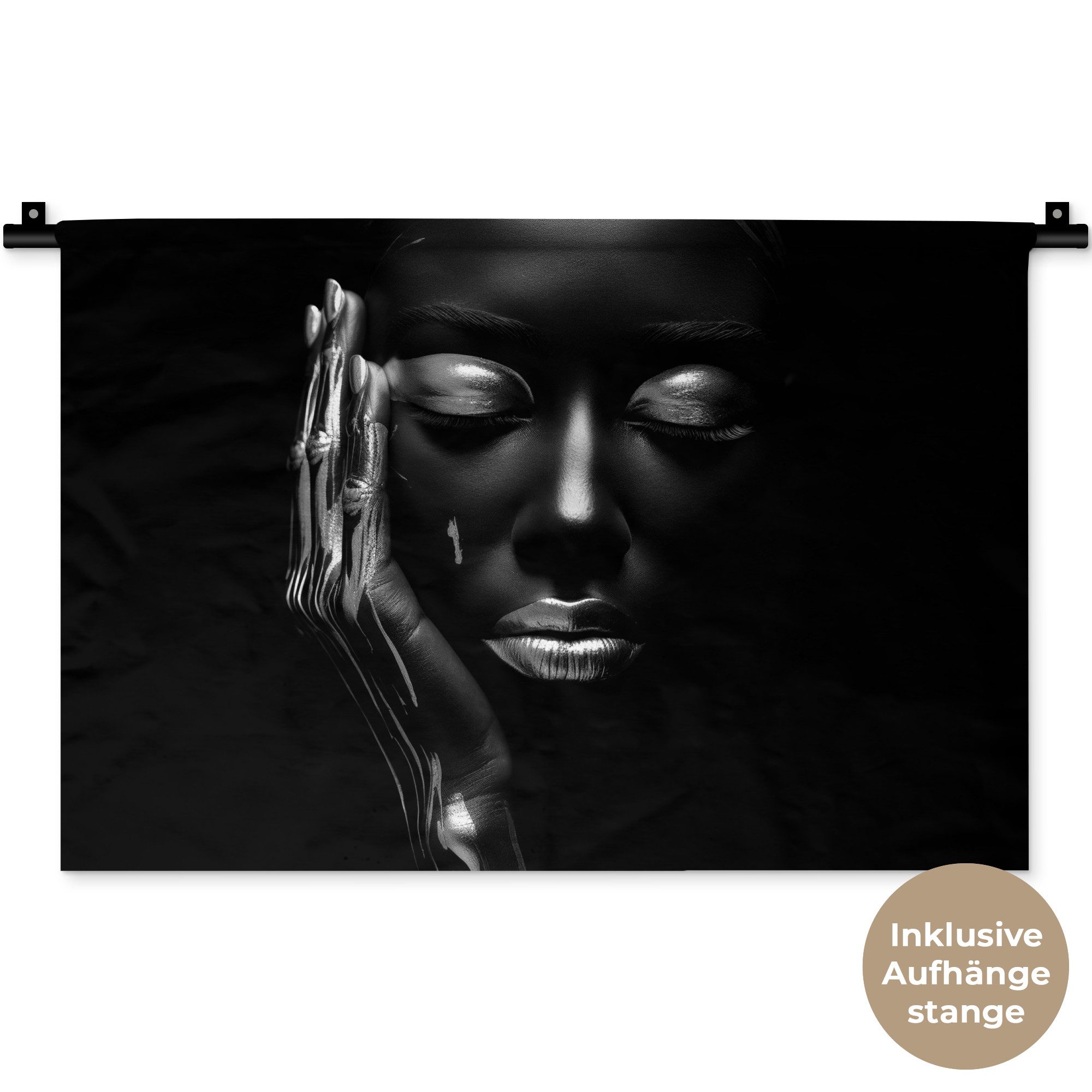 MuchoWow Wandteppich Frau - Abstrakt - Schwarz-Weiß - Porträt, Rechteckig, Höhe: 3 mm, Wandteppich für Wohnzimmer, Schlafzimmer, 60x40 cm