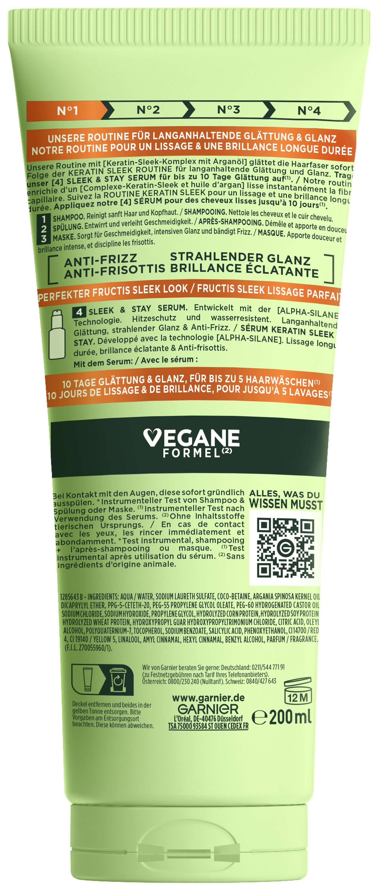 GARNIER Haarshampoo GARNIER FRUCTIS KERATIN SLEEK SHAMPOO, 6er Pack, für trockenes, zu Frizz neigendes Haar, glättet Haarfaser, vegan.