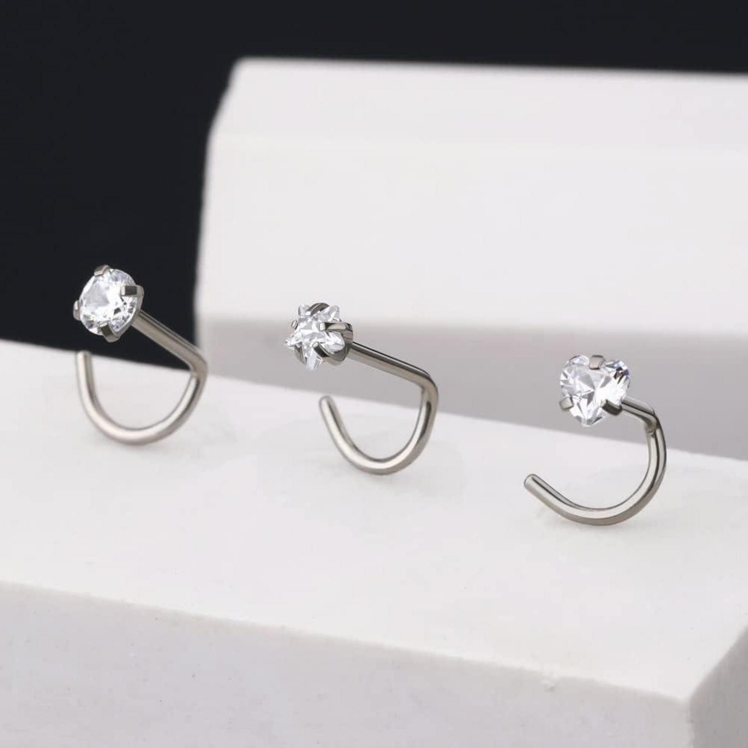 OUFER Nasenpiercing 20G Titanium Nose Ring S-Form CZ Star Nose Piercing 3mm Jewelry