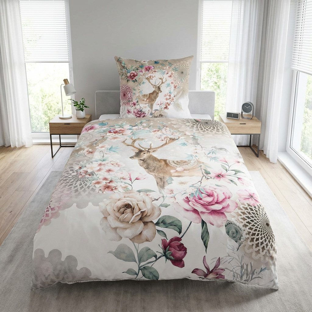 Traumschloss Bettwäsche Comfort Baumwolle, Flanell, 2 teilig, winterlicher Hirsch mit Mandalas