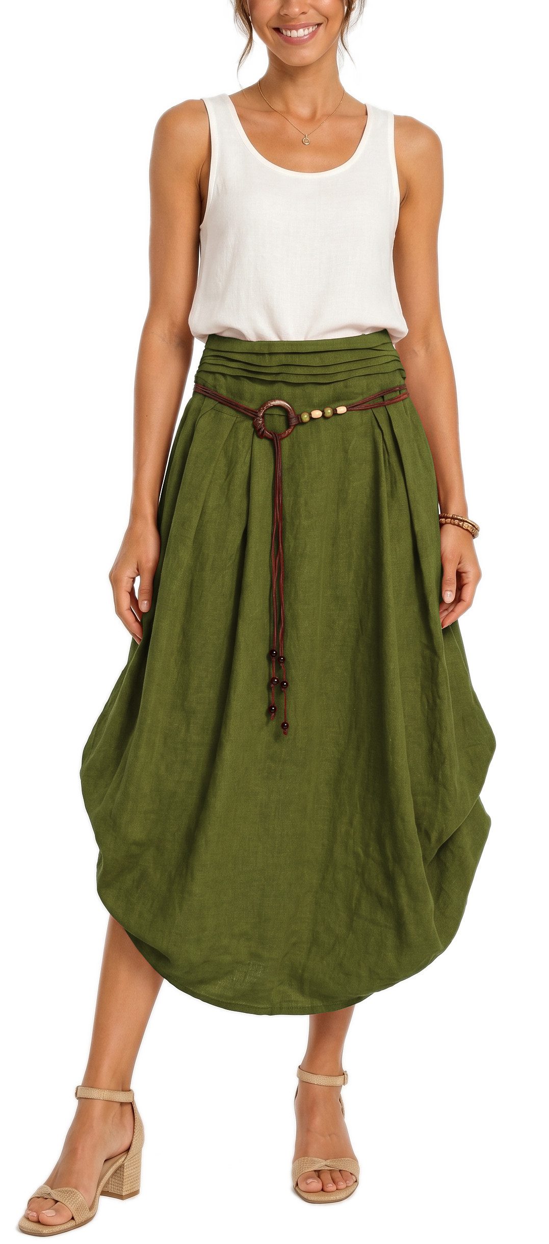 dy_mode Ballonrock Damen Leinenrock Midi Ballonrock Sommerrock Midirock in Unifarbe, mit Teil-Gummibund, Variabler 2-in-1 Look