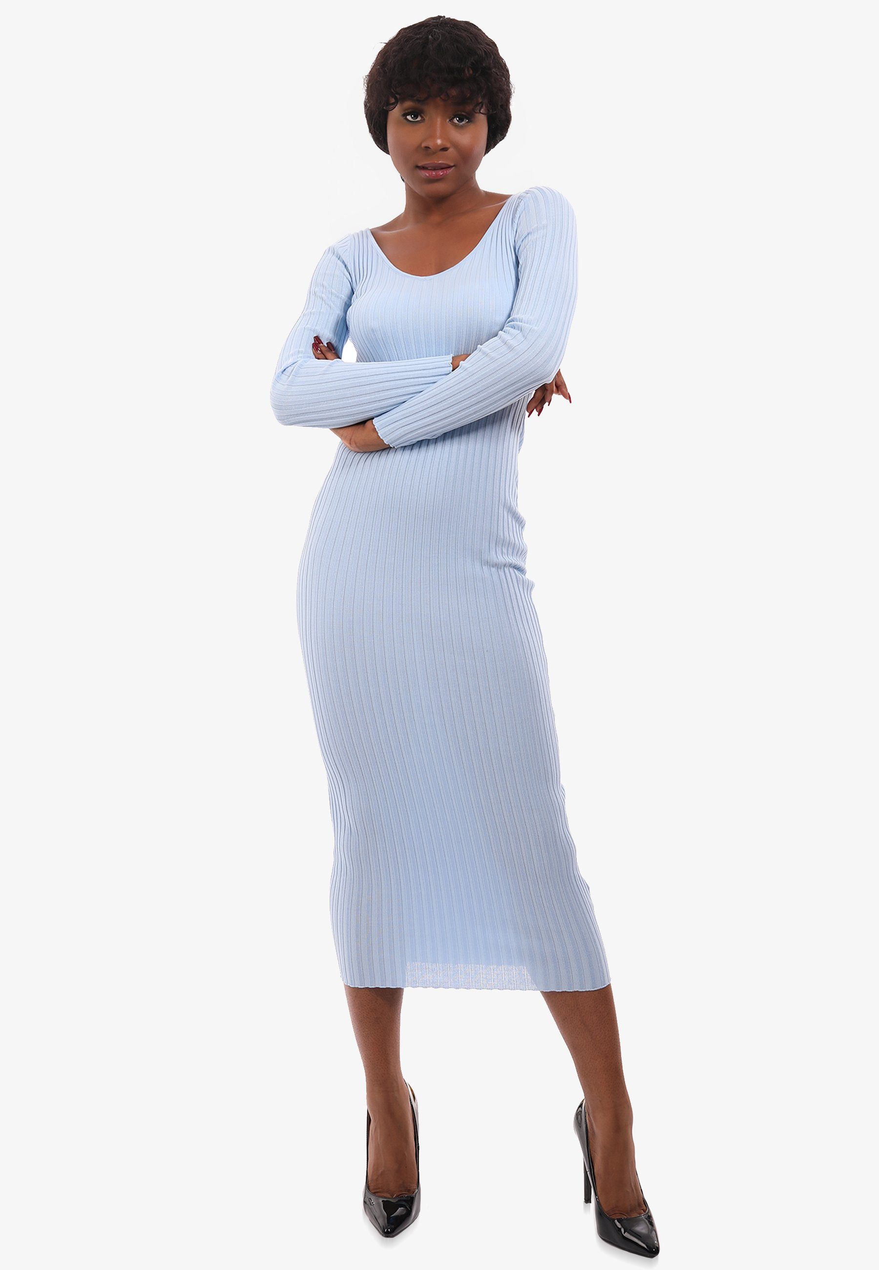 blau Fashion & PENCIL DRESS V-Ausschnitt in Unifarbe Strickkleid Strickkleid mit YC Style