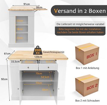 KOMFOTTEU Küchenregal Kücheninsel, multifunktional Küchenschrank, 120 x 60/90 x 92cm