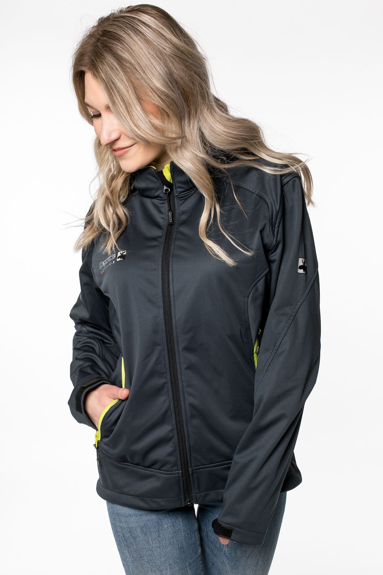 DEPROC Active Softshelljacke Downton Peak WOMEN NEW CS Ventialtionsreißverschlüsse, Auch in Großen Größen erhältlich, mit abnehmbarer Kapuze