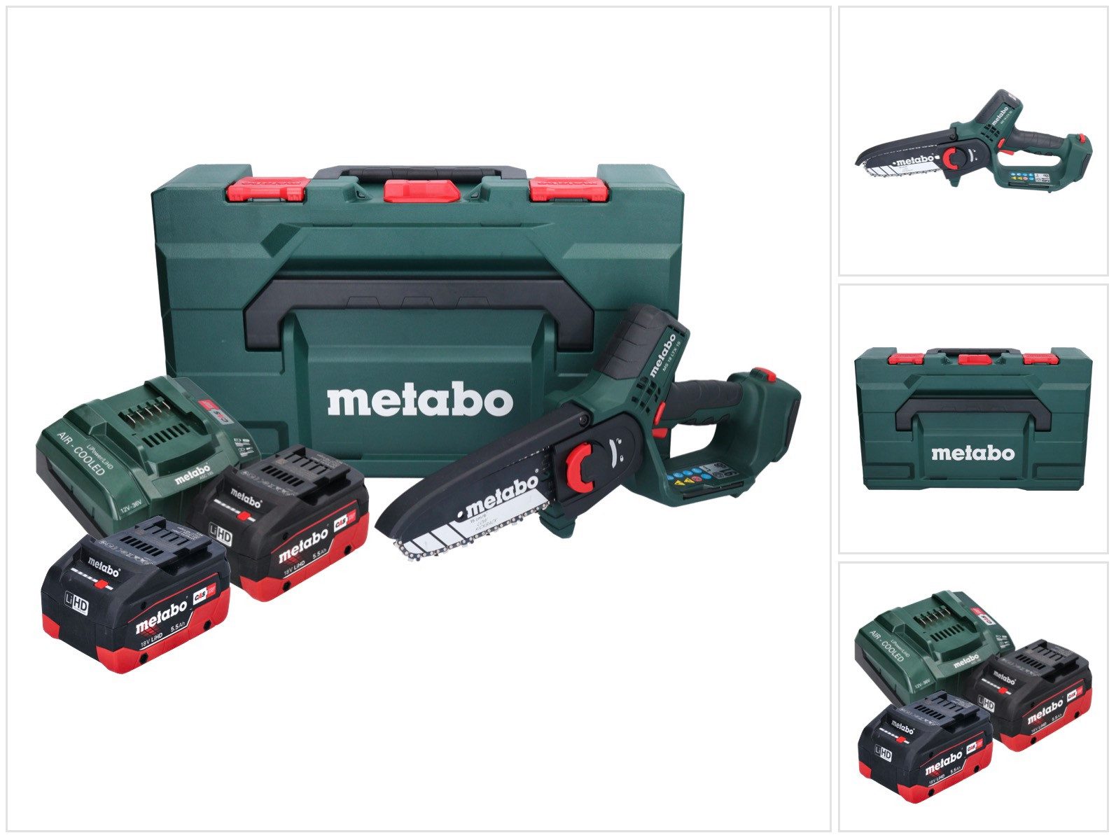 metabo Akku-Kettensäge MS 18 LTX 15 Akku Gehölzsäge 18 V 15 cm 5 m/s + 2x Akku 5,5 Ah