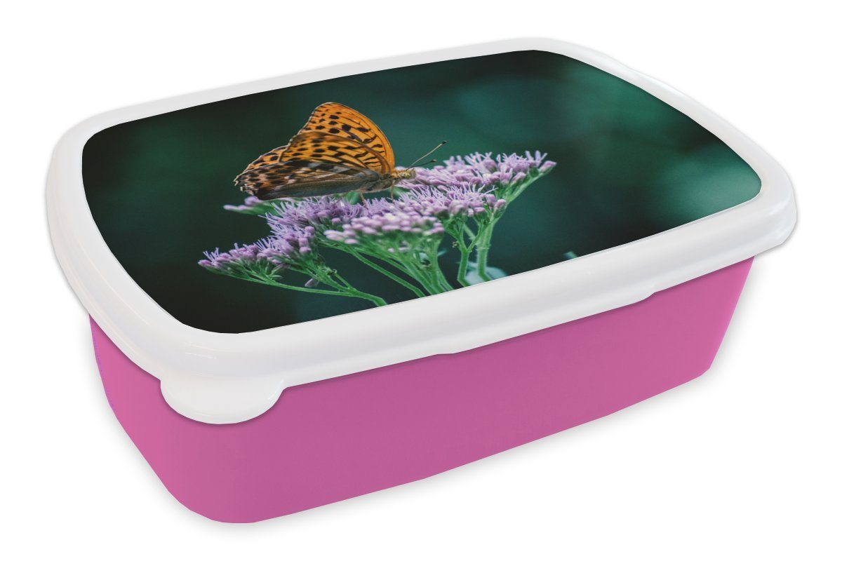MuchoWow Lunchbox Blumen - Schmetterling - Porträt, Kunststoff, (2-tlg), Brotbox für Erwachsene, Brotdose Kinder, Snackbox, Mädchen, Kunststoff rosa