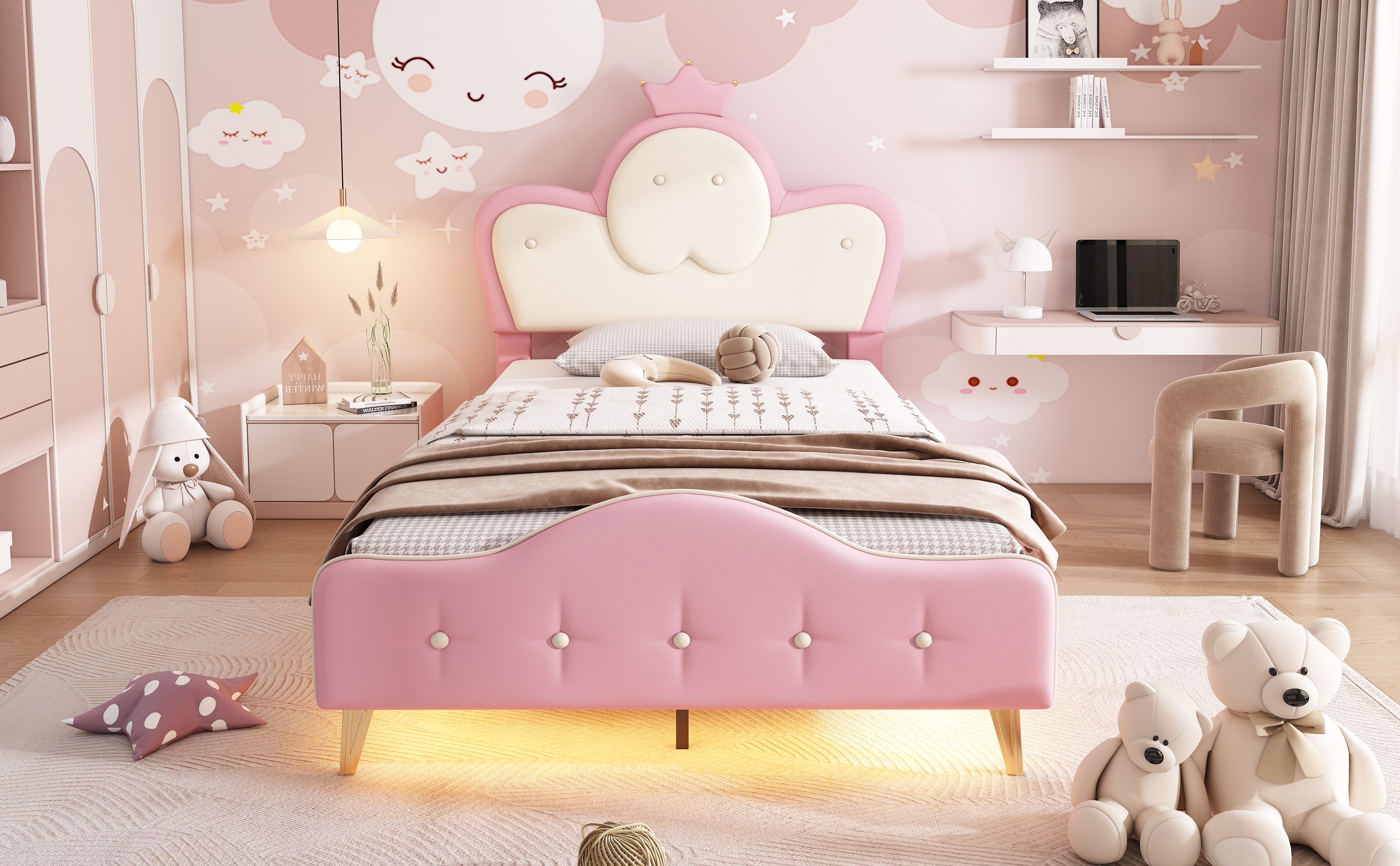 OKWISH Prinzessinbett Polsterbett,mit weichen Schutzkanten (Polsterbett,  für Kinder, Einzelbett mit weichem LED-Streifen, 90x200cm), ohne Matratze