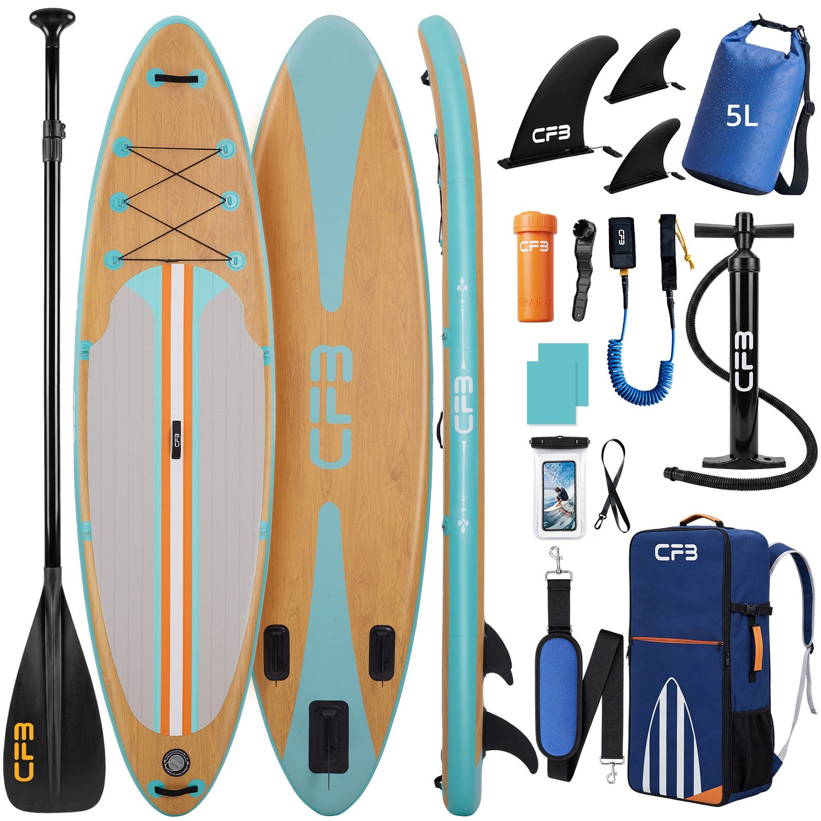 CFB SUP-Board Set 320x84x15 cm extra breit, Bis zu 160 kg, aufblasbar Stand Up Paddle Board, (iSUP Komplett-Set, 12 tlg., mit Alu Paddel, Pumpe, Rucksack, Leash, 5L Dry Bag und Schultergurt), Paddleboard aufblasbar für Anfänger & Erwachsene