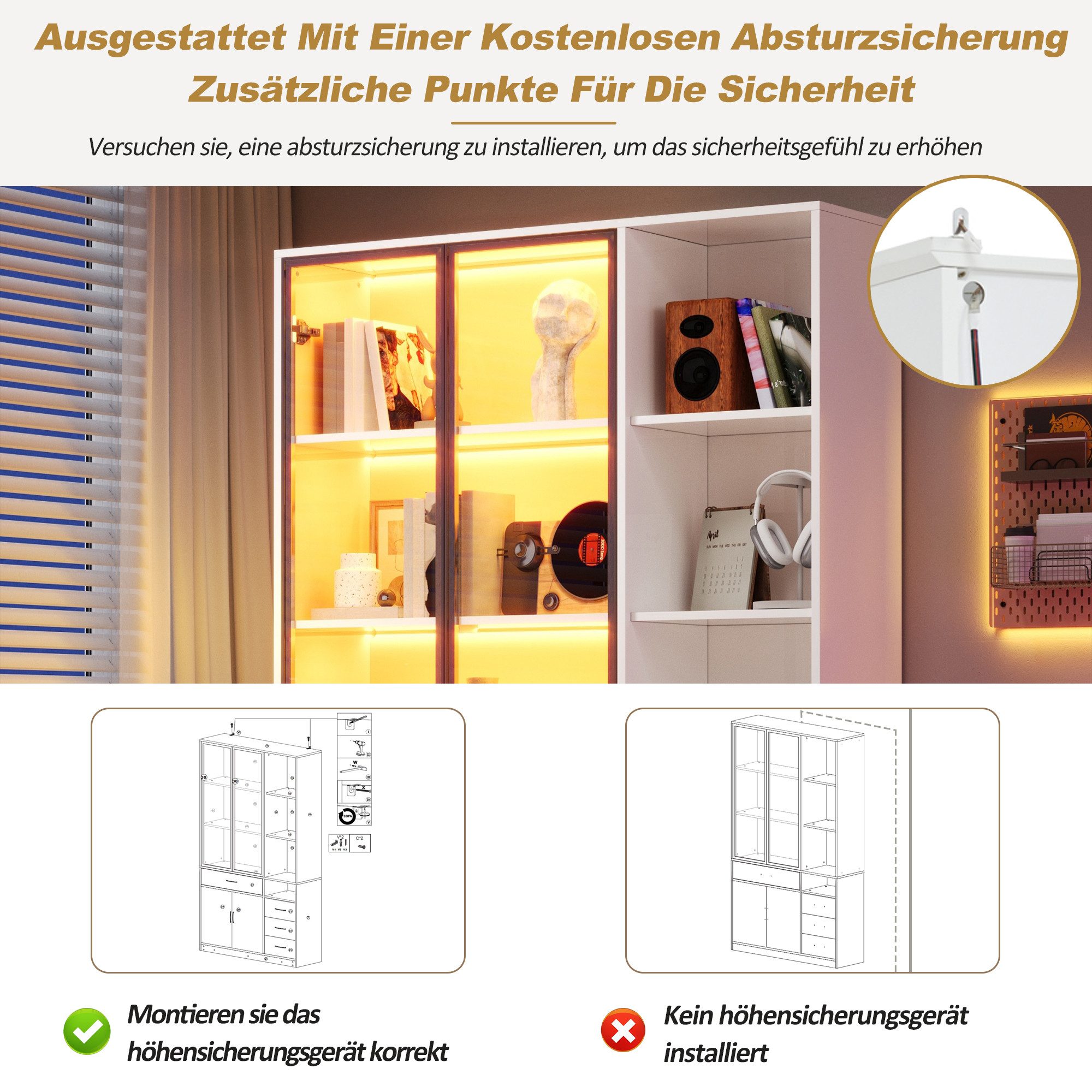 Merax Glasvitrine mit LED, Hochschrank Vitrinenschrank Aufbewahrungsschrank (120x35x200 cm, 1-St., Hochschrank für Wohnzimmer und Esszimmer) Vitrine mit 13 Stauraumbereichen, 4 Schubladen, Glastüren,Unterschrank