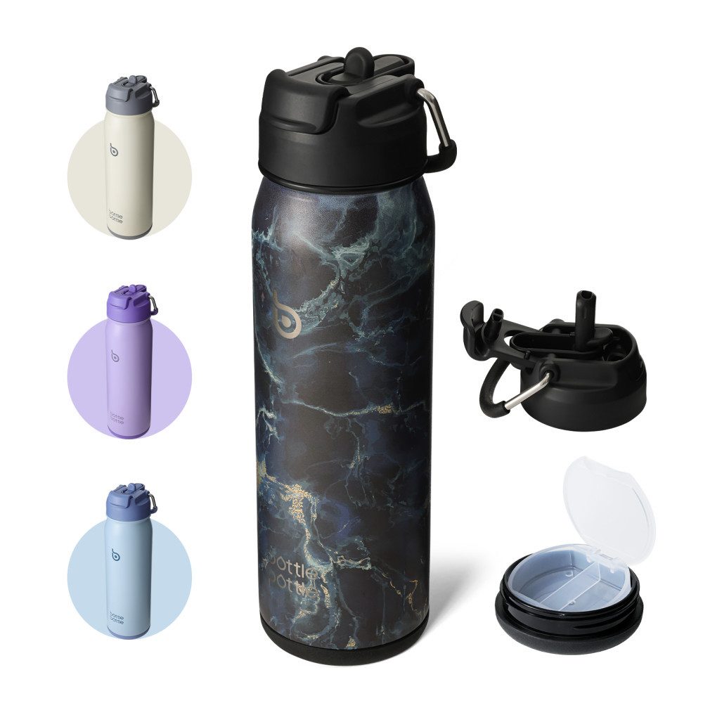 BOTTLE BOTTLE Trinkflasche Edelstahl Trinkflasche 24oz(709ml) mit Strohhalm Griff und Pillenfach, für Outdoor Schule, isolierte sportflasche