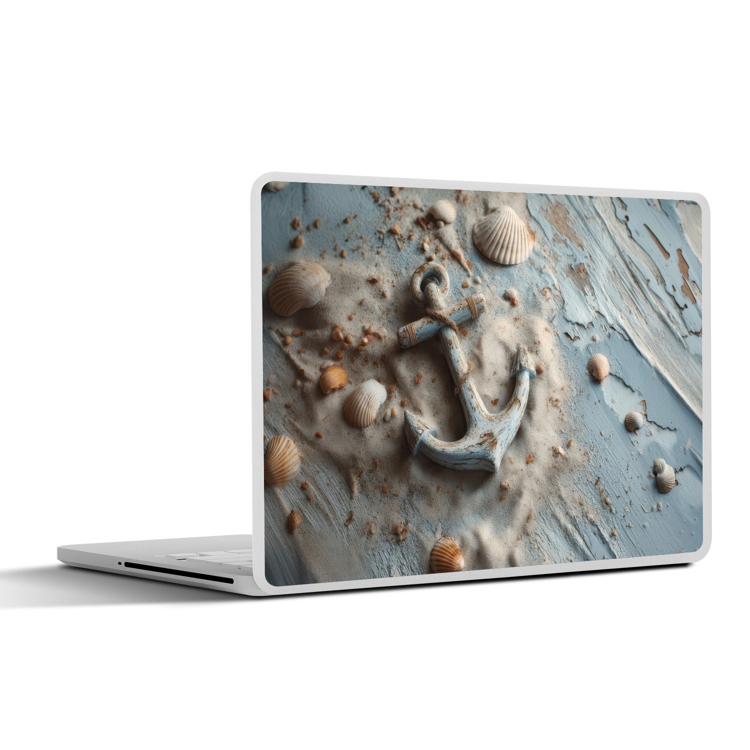 MuchoWow Laptop-Aufkleber Anker - Holz - Muscheln - Sand, (1tlg), Laptop Folien Cover, Наклейка, Sticker, Schutz vor Kratzern, 30x21 cm