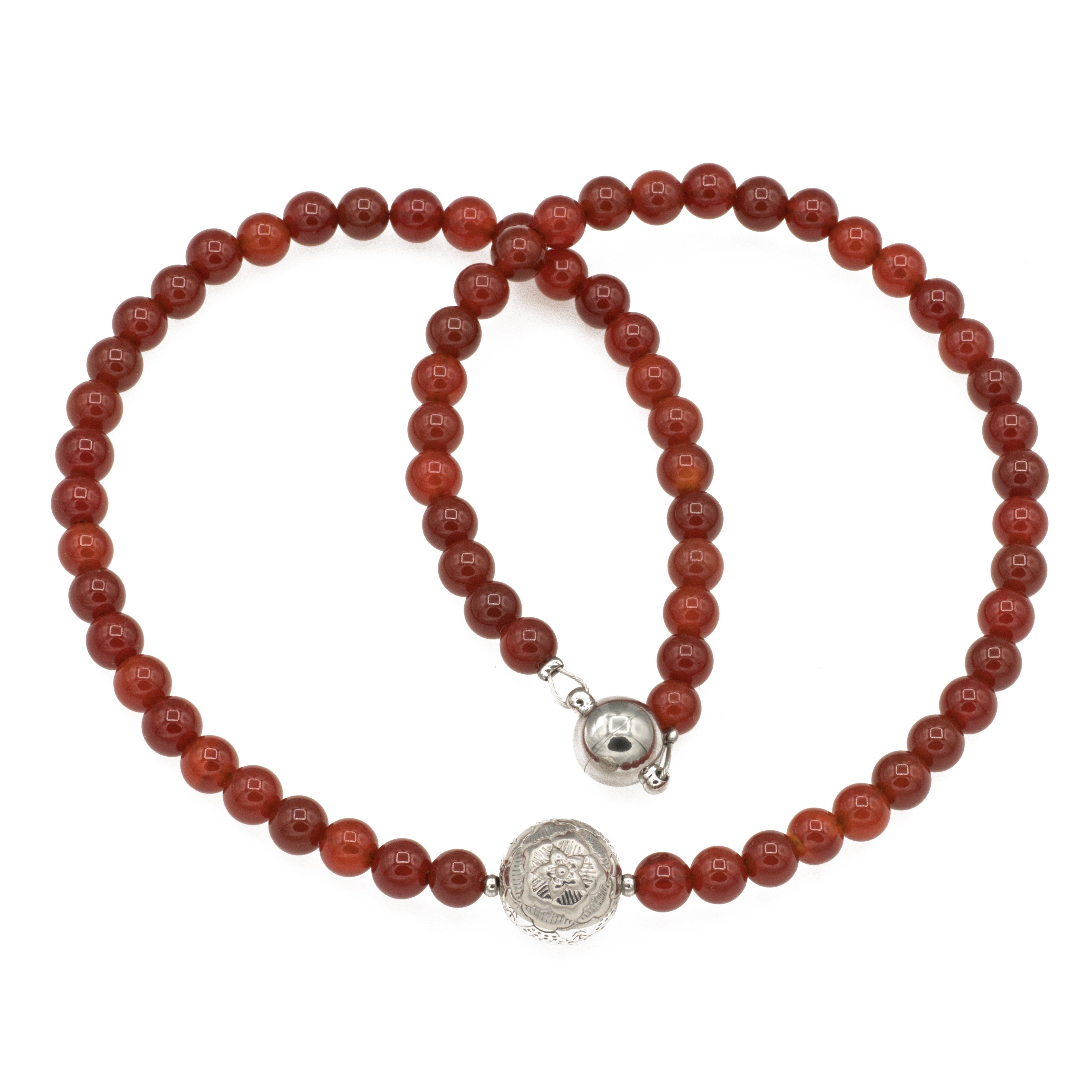 Perlenkette Kette mit Karneol Perlen 6 mm und Silber Perle