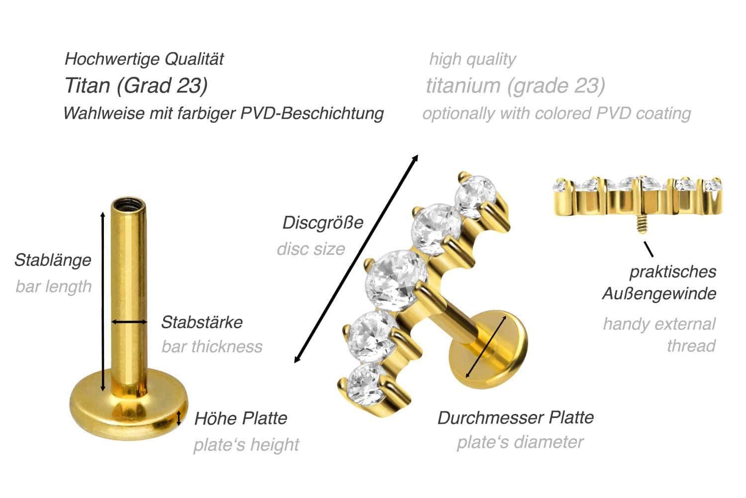 PIERCINGLINE Piercing-Set Titan Labret mit Innengewinde 5 EINGEFASSTE KRISTALLE (Labrets, 1-tlg)