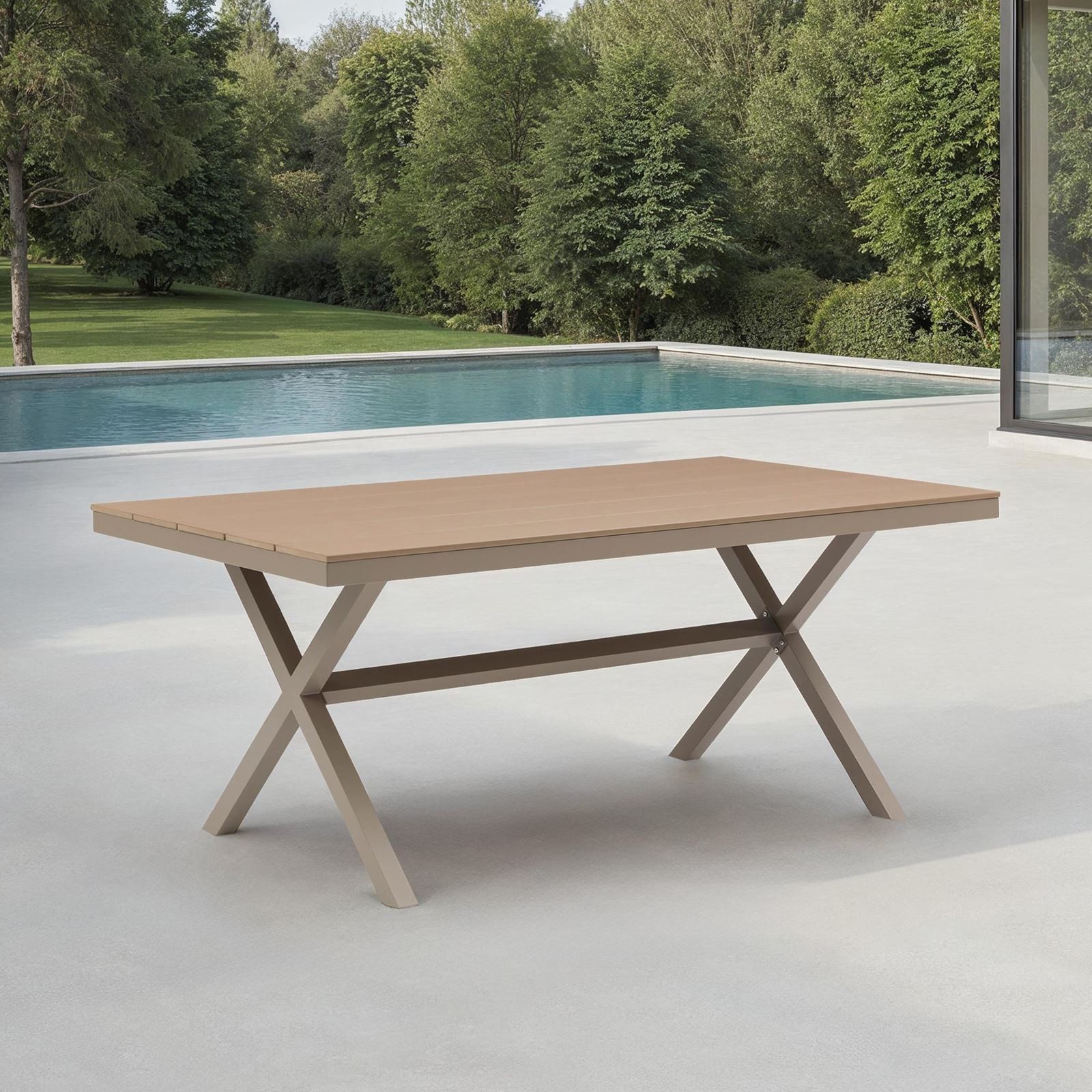 IDIMEX Gartentisch ISOLA, 180 x 100 cm mit Alu Gestell & Tischplatte in Holzoptik champagne