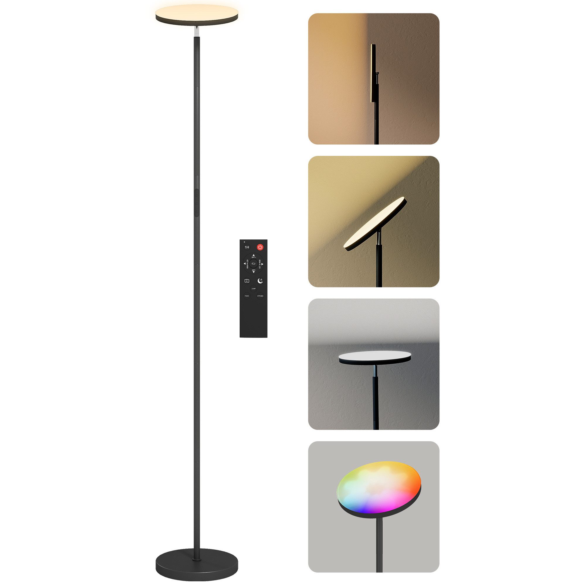 HOMCOM Stehlampe RGB dimmbare Uplighter Lampe, Dimmfunktion, LED fest integriert, Farbwechsler, Warmweiß, Kaltweiß, Neutralweiß, Deckenfluter, dimmbar, RGB