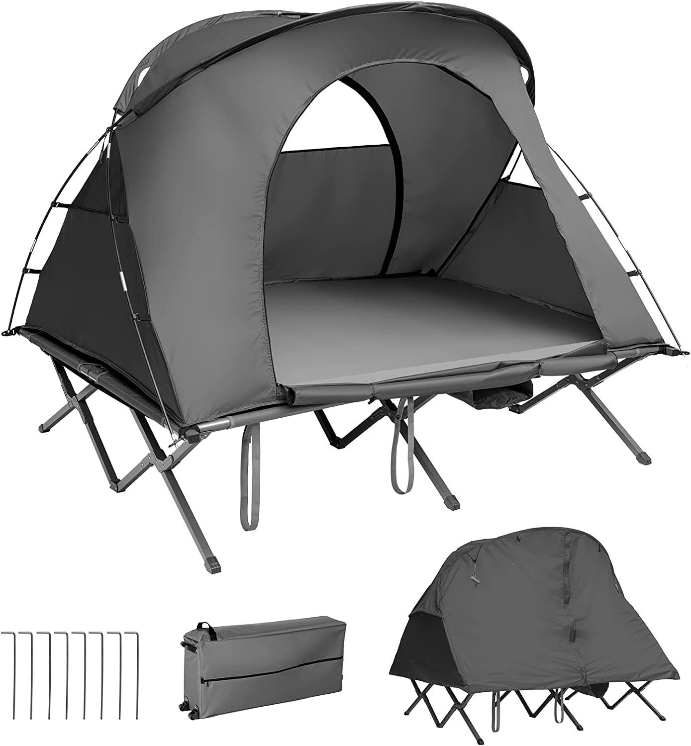 KOMFOTTEU Kuppelzelt 4 in 1 Campingzelt mit Feldbett, Personen: 2, 194×146×160 cm grau