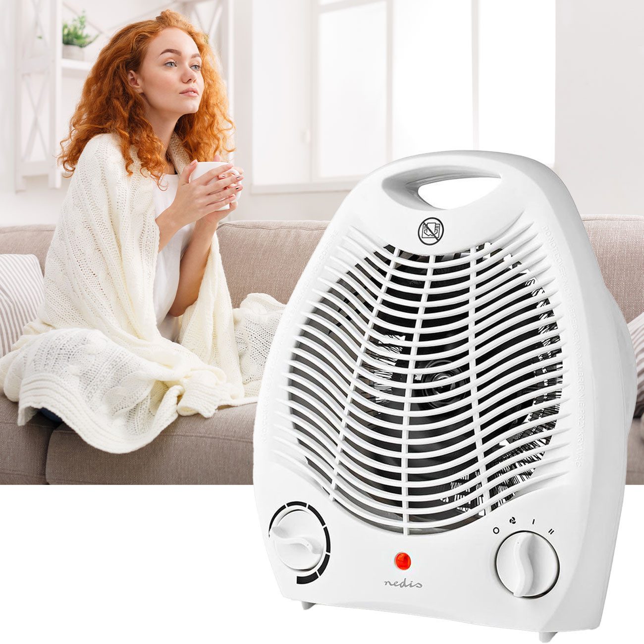 Nedis Heizlüfter Portabler Heizlüfter 2000W, 2 Heizstufen & Kaltluft, Thermostat, Weiß, Ventilatorfunktion & Kippschutz, bis zu 20 m²