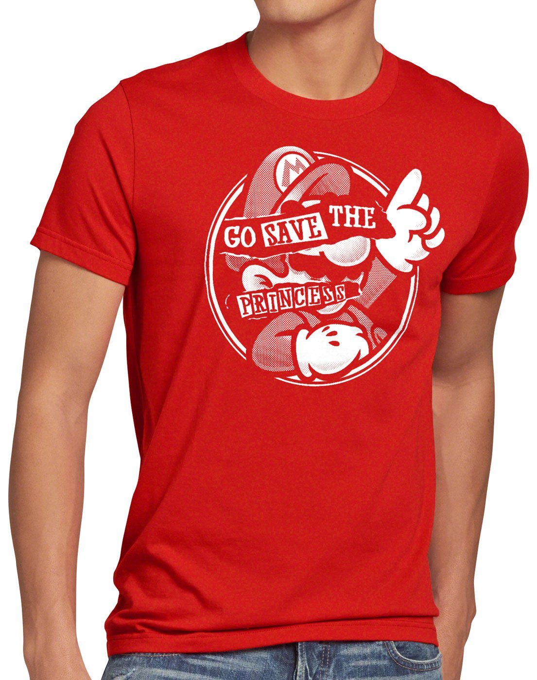 style3 Print-Shirt Herren T-Shirt Go Save the Princess mario switch rot