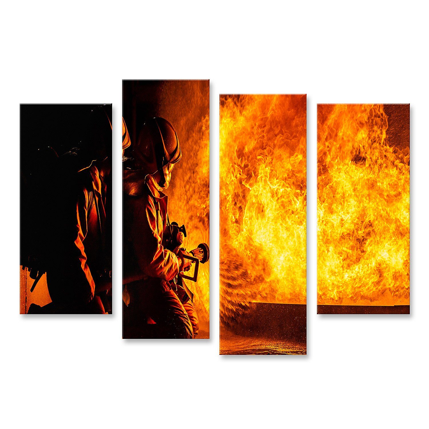 islandburner Leinwandbild Bild auf Leinwand Feuerwehrleute sprühen mit  Wirbelwassernebel Feuerfl