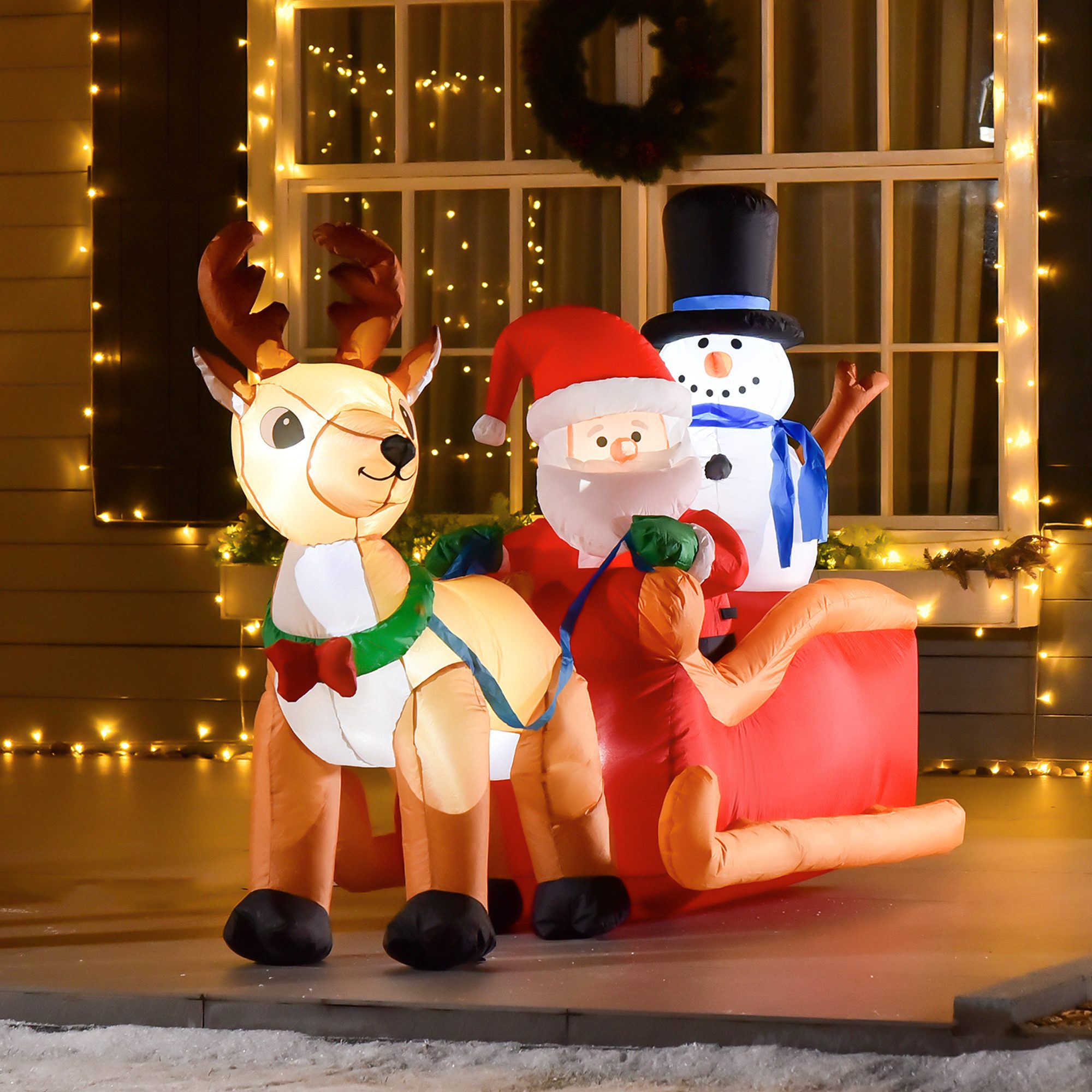HOMCOM Weihnachtsfigur Aufblasbarer Weihnachtsmann, Weihnachtsdekoration mit LED für Außen (mit LED, Weihnachtsdekoration), Aufblasbarer Weihnachtsmann auf Schlitten mit Schneemann LED Polyester